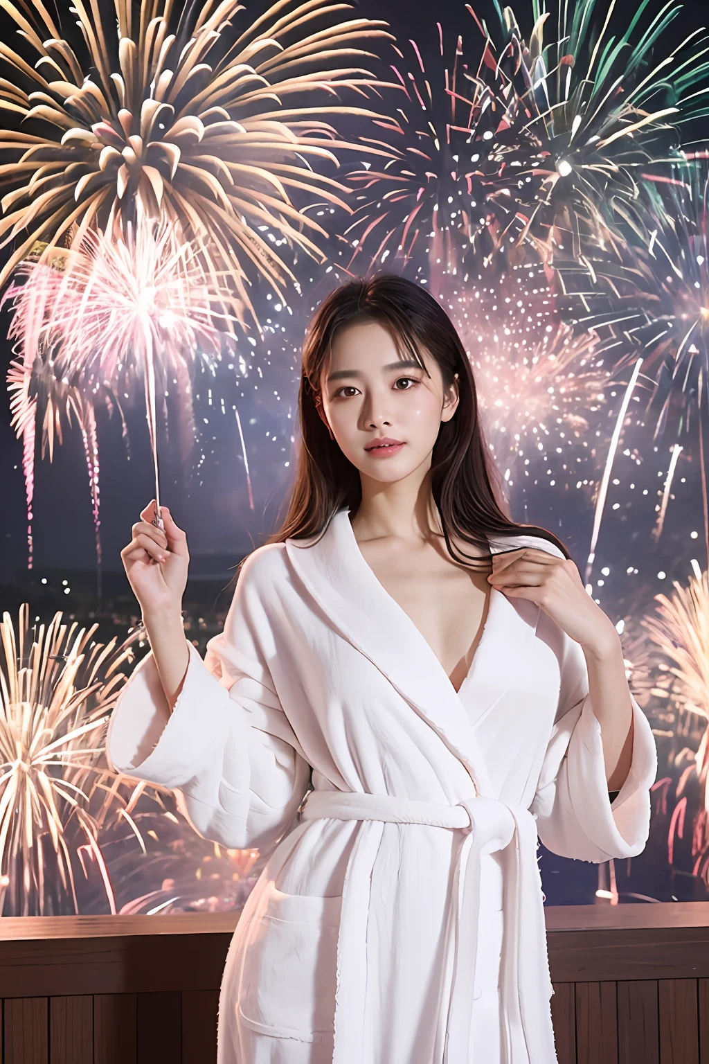 (extra detailed body、extra detailed face、best qualtiy:1.2)、femele、looking at the viewers、(bathrobe)、(Fireworks display chaos in the background:1.4)