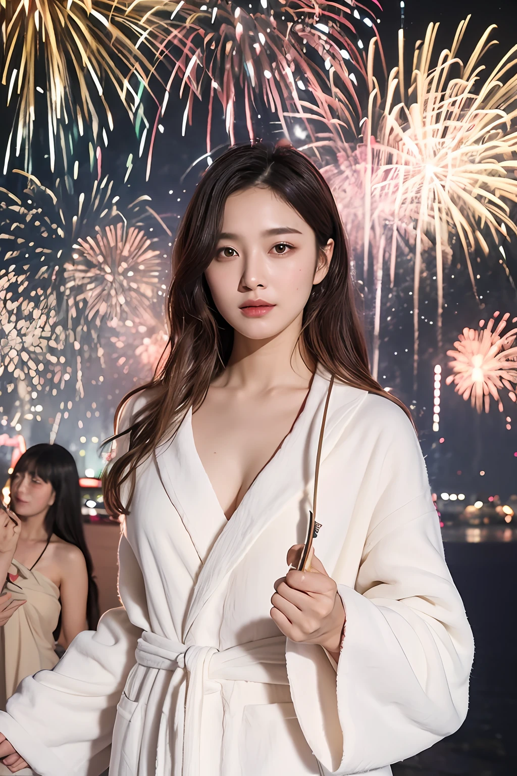 (extra detailed body、extra detailed face、best qualtiy:1.2)、femele、looking at the viewers、(bathrobe)、(Fireworks display chaos in the background:1.4)