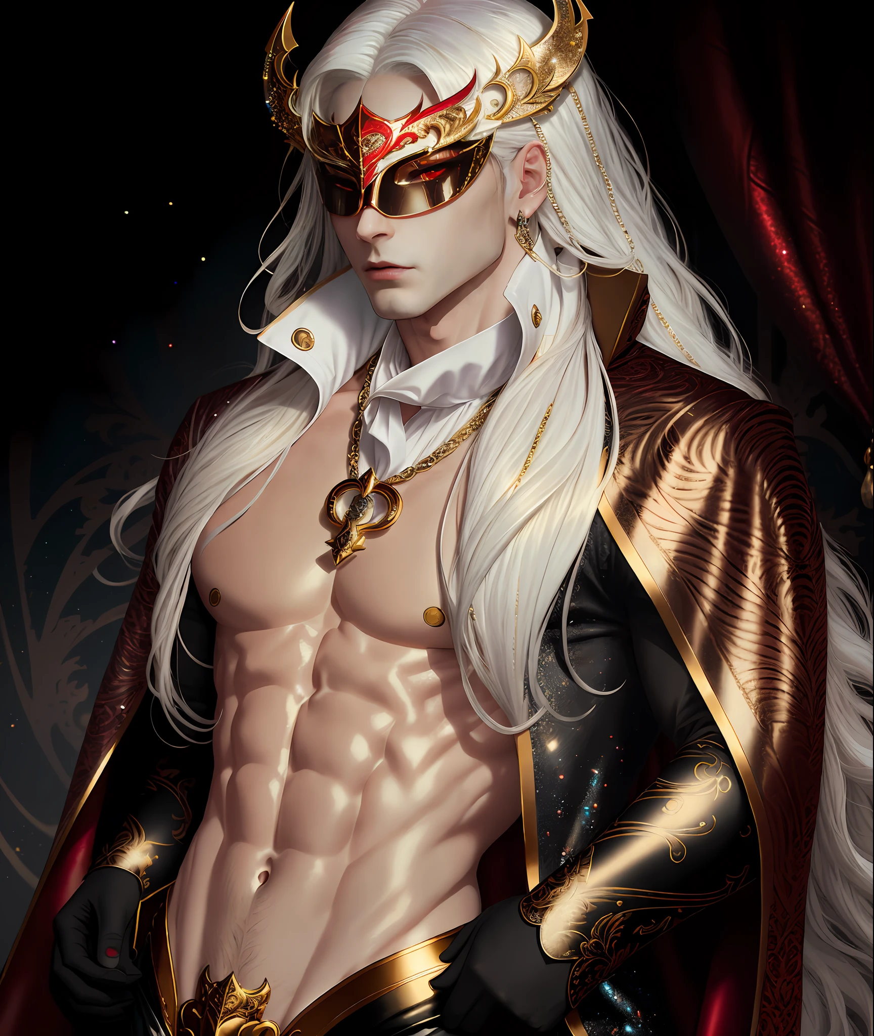 gorgeous male vampire with perfect balance of masculine and feminine features, stunning long white hair, white and gold tetradic colors, perfect anatomy, seductive red eyes, venetian mask, 8k resolution, (Single person), masterpiece, perfect face:1.2), intricate details, gothic Venetian detailed background, 32k, covered navel, full lips, curvy guy, cinematic lighting, balenciaga, glitter