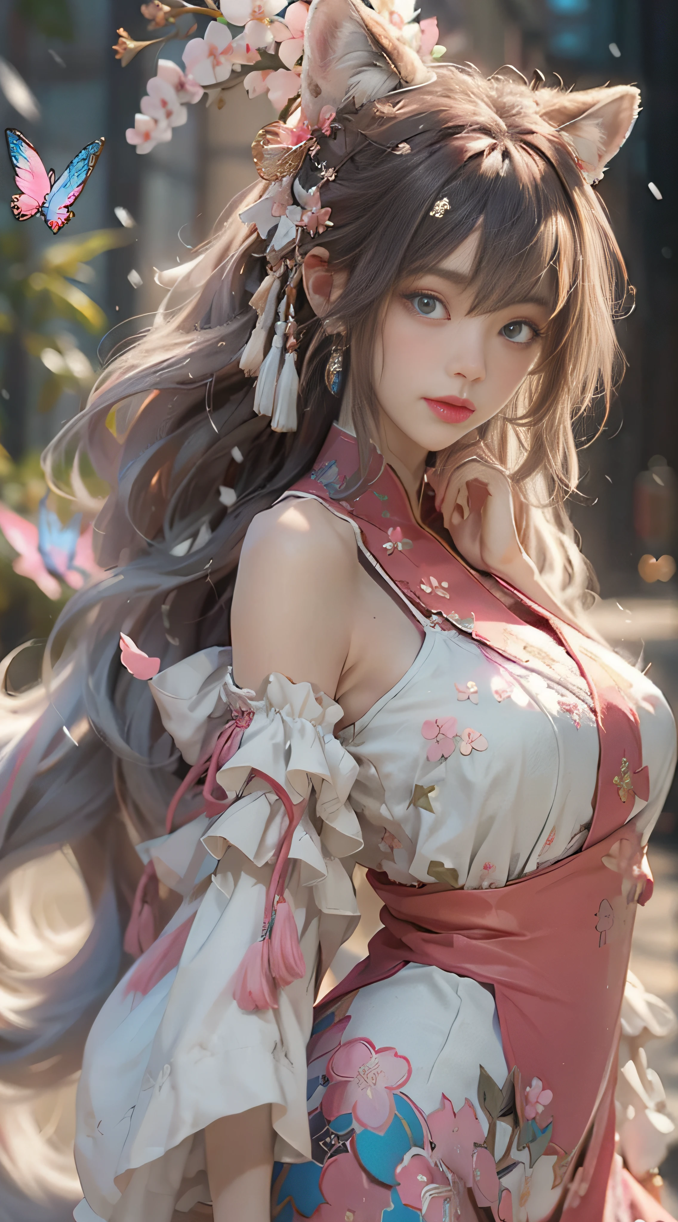 （（best qualtiy））， （（tmasterpiece））， （detail：1.4）， Beautiful cyberpunk female images，hdr（HighDynamicRange），Ray traching，NVIDIA RTX，Hyper-Resolution，illusory 5，sub surface scattering，PBR textures，post-proces，Anisotropy Filtering，depth of fields，maximum definition and sharpness，Many-Layer Textures，Albedo e mapas Speculares，Surface coloring，Mitsu-Accurate simulation of material interactions，perfectly proportioned，rendering by octane，Two-colored light，largeaperture，Low ISO，White balance，Rule three points、8K raw data、Beautiful bright blue pupils，off-the-shoulder clothes，Fine pupils，Delicate face and eyes，long eyelasher，Blushlush，Delicate and fluffy hair，pink lip，Pure，Cute face，Sweet girl，Artistic sense，Casual wear，Advancedsense，butterflys，Cherry blossom petal，Beautiful hair accessories，Long hair and waist，Hair fluttering in the wind，Snow-white fox ears，curlies，Snow-white fluffy tail，Positive light，The light from the back window is backlighted