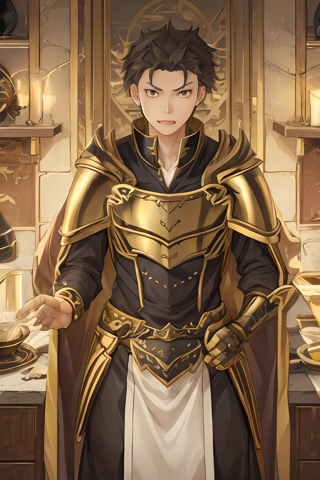 （1 Adult male），A high resolution， Sharp focus， Pixiv masterpiece， （（Complicated details））， highly  detailed， natsuki_subaru， 1 man， with her mouth open，drools，full bodyesbian， gold eyes（eyes glowing）， with short golden hair，Armour，cloaks，Shoulder armor，perspire，look from down