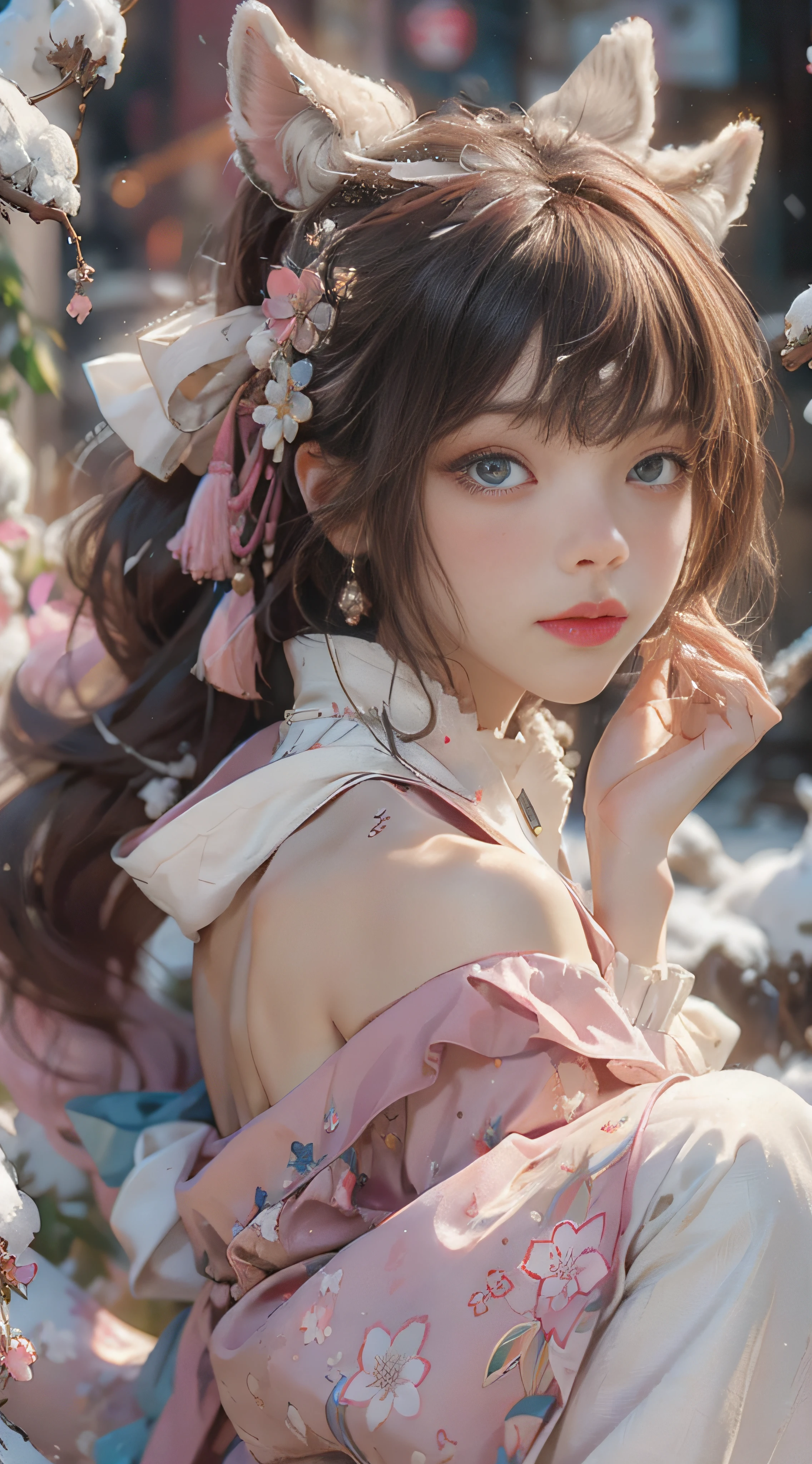 （（best qualtiy））， （（tmasterpiece））， （detail：1.4）， Beautiful cyberpunk female images，hdr（HighDynamicRange），Ray traching，NVIDIA RTX，Hyper-Resolution，illusory 5，sub surface scattering，PBR textures，post-proces，Anisotropy Filtering，depth of fields，maximum definition and sharpness，Many-Layer Textures，Albedo e mapas Speculares，Surface coloring，Mitsu-Accurate simulation of material interactions，perfectly proportioned，rendering by octane，Two-colored light，largeaperture，Low ISO，White balance，Rule three points、8K raw data、Beautiful bright blue pupils，off-the-shoulder clothes，Fine pupils，Delicate face and eyes，long eyelasher，Blushlush，Delicate and fluffy hair，pink lip，Pure，Cute face，Sweet girl，Artistic sense，Casual wear，Advancedsense，butterflys，Cherry blossom petal，Beautiful hair accessories，Long hair and waist，Hair fluttering in the wind，Snow-white fox ears，curlies，Snow-white fluffy tail，Positive light，The light from the back window is backlighted