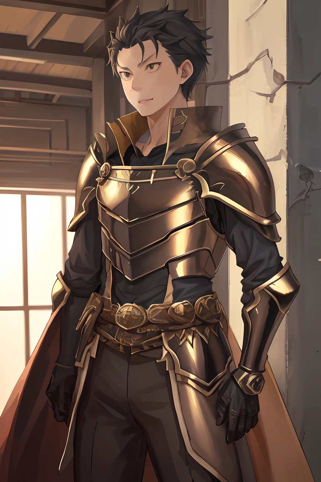 （1 Adult male），A high resolution， Sharp focus， Pixiv masterpiece， （（Complicated details））， highly  detailed， natsuki_subaru， 1 man， with her mouth open，drools，full bodyesbian， gold eyes（eyes glowing）， with short golden hair，Armour，cloaks，Shoulder armor，perspire，look from down