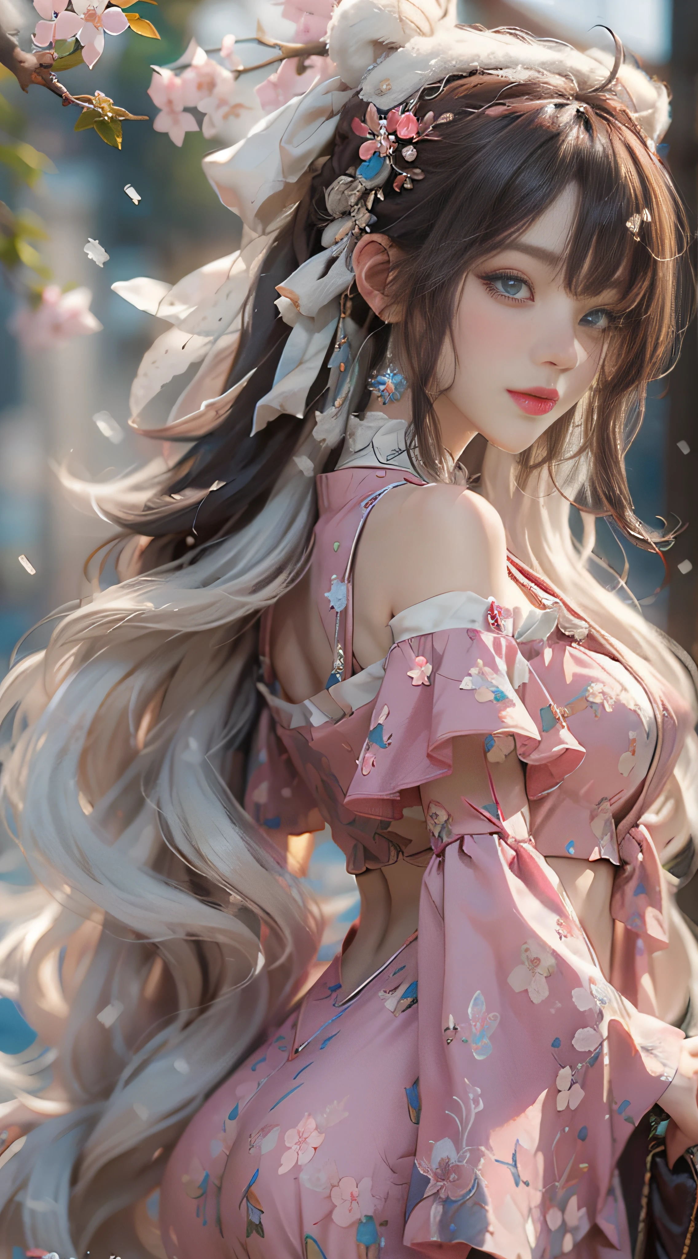 ((best qualtiy)), ((tmasterpiece)), (detail:1.4), Beautiful cyberpunk female images,hdr(HighDynamicRange),Ray traching,NVIDIA RTX,Hyper-Resolution,illusory 5,sub surface scattering,PBR textures,post-proces,Anisotropy Filtering,depth of fields,maximum definition and sharpness,Many-Layer Textures,Albedo e mapas Speculares,Surface coloring,Mitsu-Accurate simulation of material interactions,perfectly proportioned,rendering by octane,Two-colored light,largeaperture,Low ISO,White balance,Rule three points、8K raw data、Beautiful bright blue pupils,off-the-shoulder clothes,Fine pupils,Delicate face and eyes,long eyelasher,Blushlush,Delicate and fluffy hair,pink lip,Pure,Cute face,Sweet girl,Artistic sense,Casual wear,Advancedsense,butterflys,Cherry blossom petal,Beautiful hair accessories,Long hair and waist,Hair fluttering in the wind,Snow-white fox ears,curlies,Snow-white fluffy tail,Positive light,The light from the back window is backlighted
