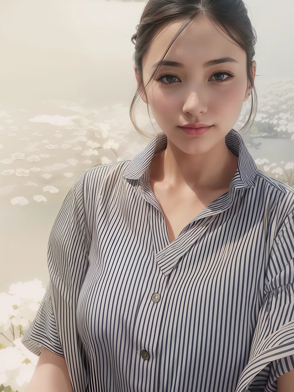 「Beautiful illustration of a woman enlarging her breasts、Colorful colors、Rich shading、finely detail、top-quality、A charming expression、Natural pose、Beautiful hair、Light Effects、Soft background、Beautiful Japan scenery」。