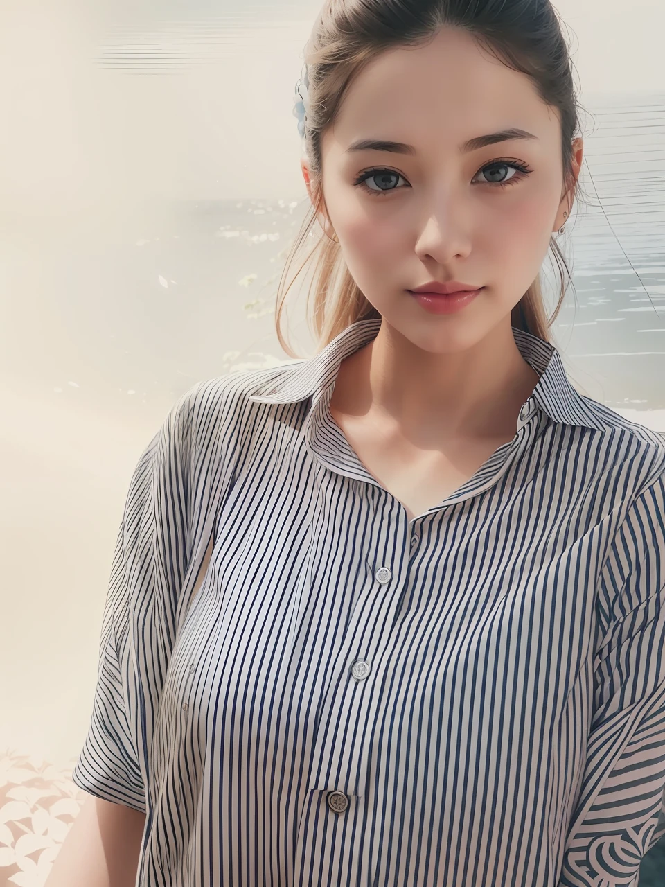 「Beautiful illustration of a woman enlarging her breasts、Colorful colors、Rich shading、finely detail、top-quality、A charming expression、Natural pose、Beautiful hair、Light Effects、Soft background、Beautiful Japan scenery」。