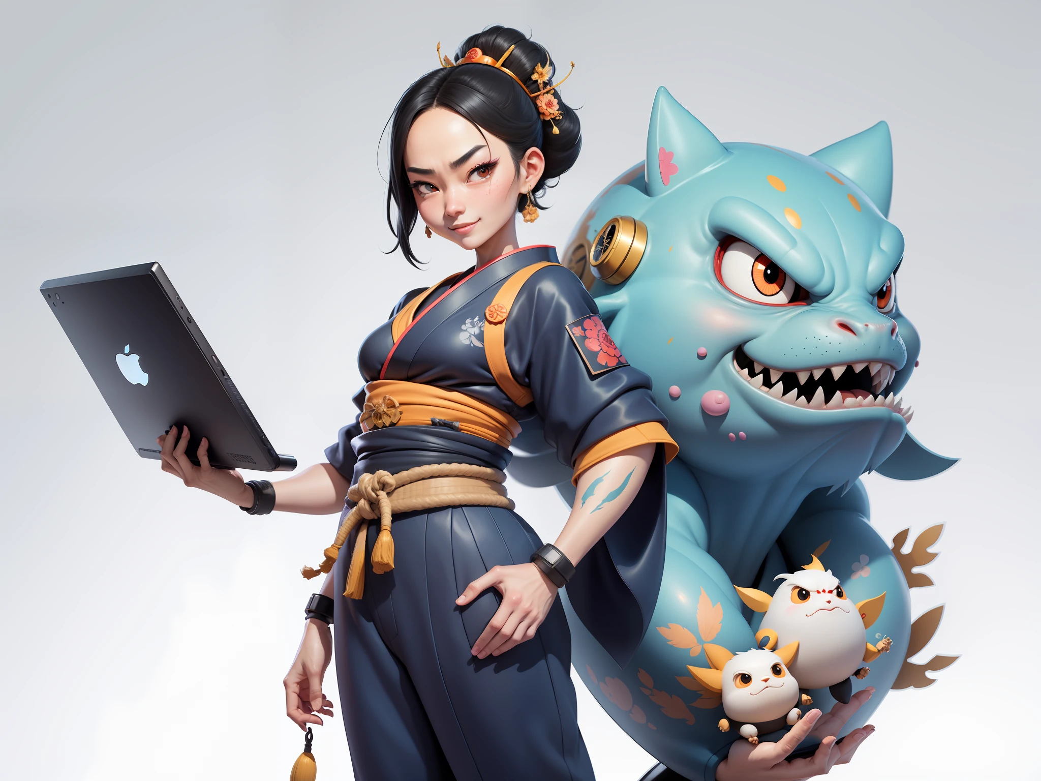 (Daisaku),(Need),(Super meticulous),(full bodyesbian:1.2),Japanese ukiyo-e girl,japanese geisha,Beautiful,Oriental dragon,Aeolian Thor,Raised sexy,爆乳,Oriental face,TV Anchor,Bust portrait illustration,Alone,In black suit,a blue tie,The face is slightly chubby,The face was clean,without a beard,Black super short hair,Black eyes,Smile confidently,3C computer sub-products,iPad, iphone,Digital painting,3D character design by Mark Clairen and Pixar and Hayao Miyazaki and Akira Toriyama,The illustration is a high-definition illustration in 4K resolution,With very detailed facial features and cartoon-style visuals。