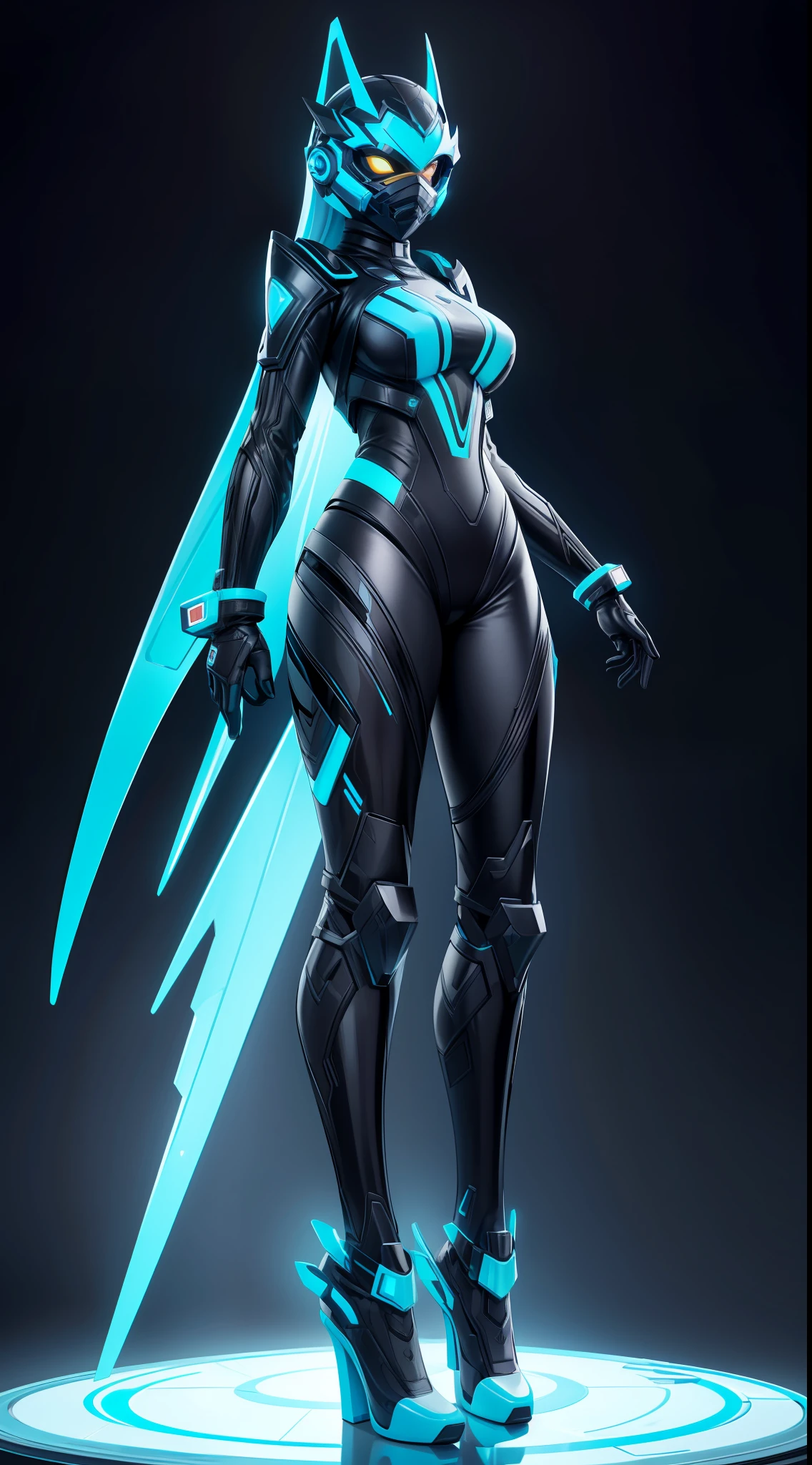 solo, super fine photo, full body picture Unreal Engine 5 8K UHD of a girl, wearing futuristic black and white tight rubber battle suit with, full face mask, cyan light details, gloves with cyan light detail, best quality, masterpiece, unified 8k wallpaper, super detailed, sharp focus, dynamic pose
