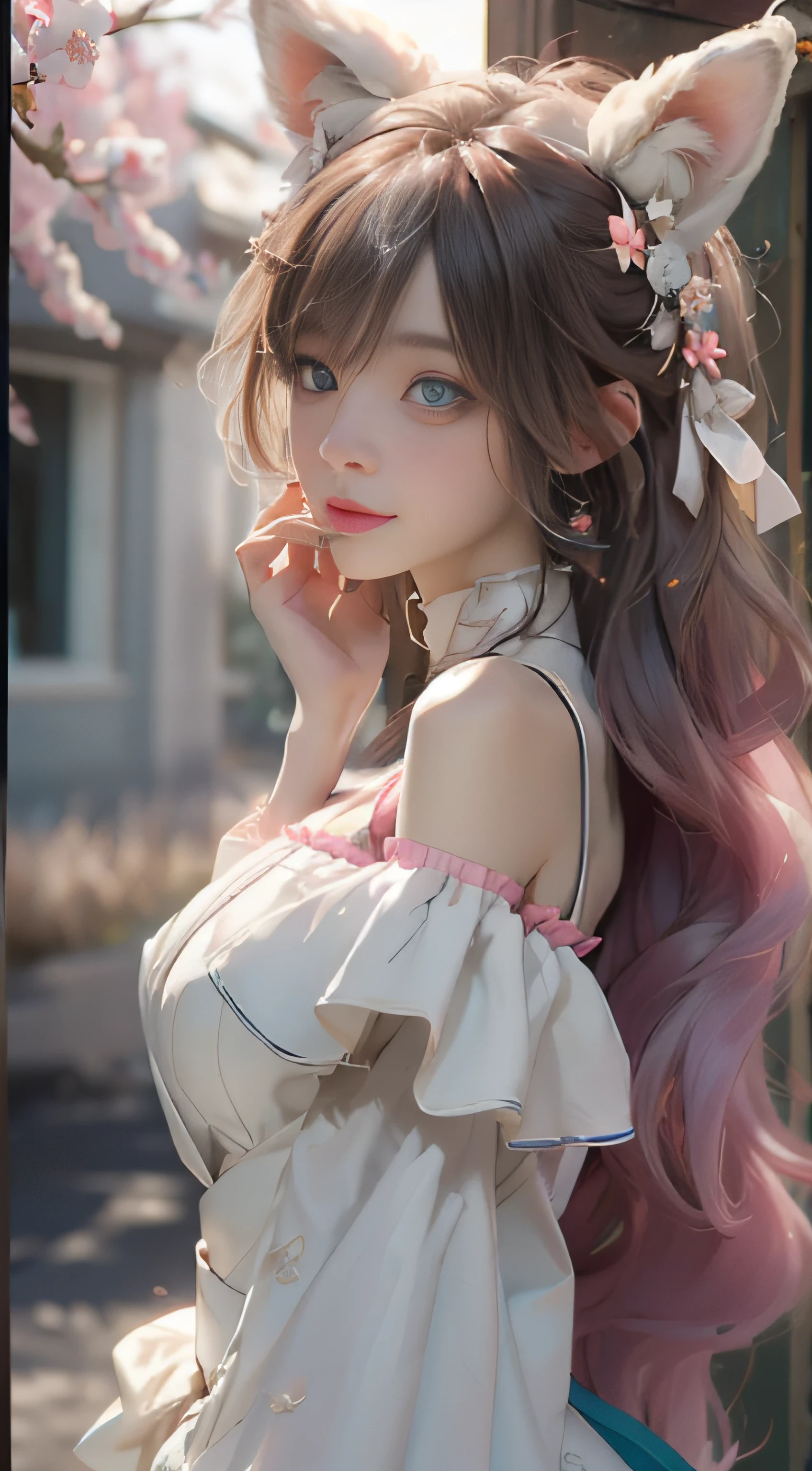 ((best qualtiy)), ((tmasterpiece)), (detail:1.4), Beautiful cyberpunk female images,hdr(HighDynamicRange),Ray traching,NVIDIA RTX,Hyper-Resolution,illusory 5,sub surface scattering,PBR textures,post-proces,Anisotropy Filtering,depth of fields,maximum definition and sharpness,Many-Layer Textures,Albedo e mapas Speculares,Surface coloring,Mitsu-Accurate simulation of material interactions,perfectly proportioned,rendering by octane,Two-colored light,largeaperture,Low ISO,White balance,Rule three points、8K raw data、Beautiful bright blue pupils,off-the-shoulder clothes,Fine pupils,Delicate face and eyes,long eyelasher,Blushlush,Delicate and fluffy hair,pink lip,Pure,Cute face,Sweet girl,Artistic sense,Casual wear,Advancedsense,butterflys,Cherry blossom petal,Beautiful hair accessories,Long hair and waist,Hair fluttering in the wind,Snow-white fox ears,curlies,Snow-white fluffy tail,Positive light,The light from the back window is backlighted