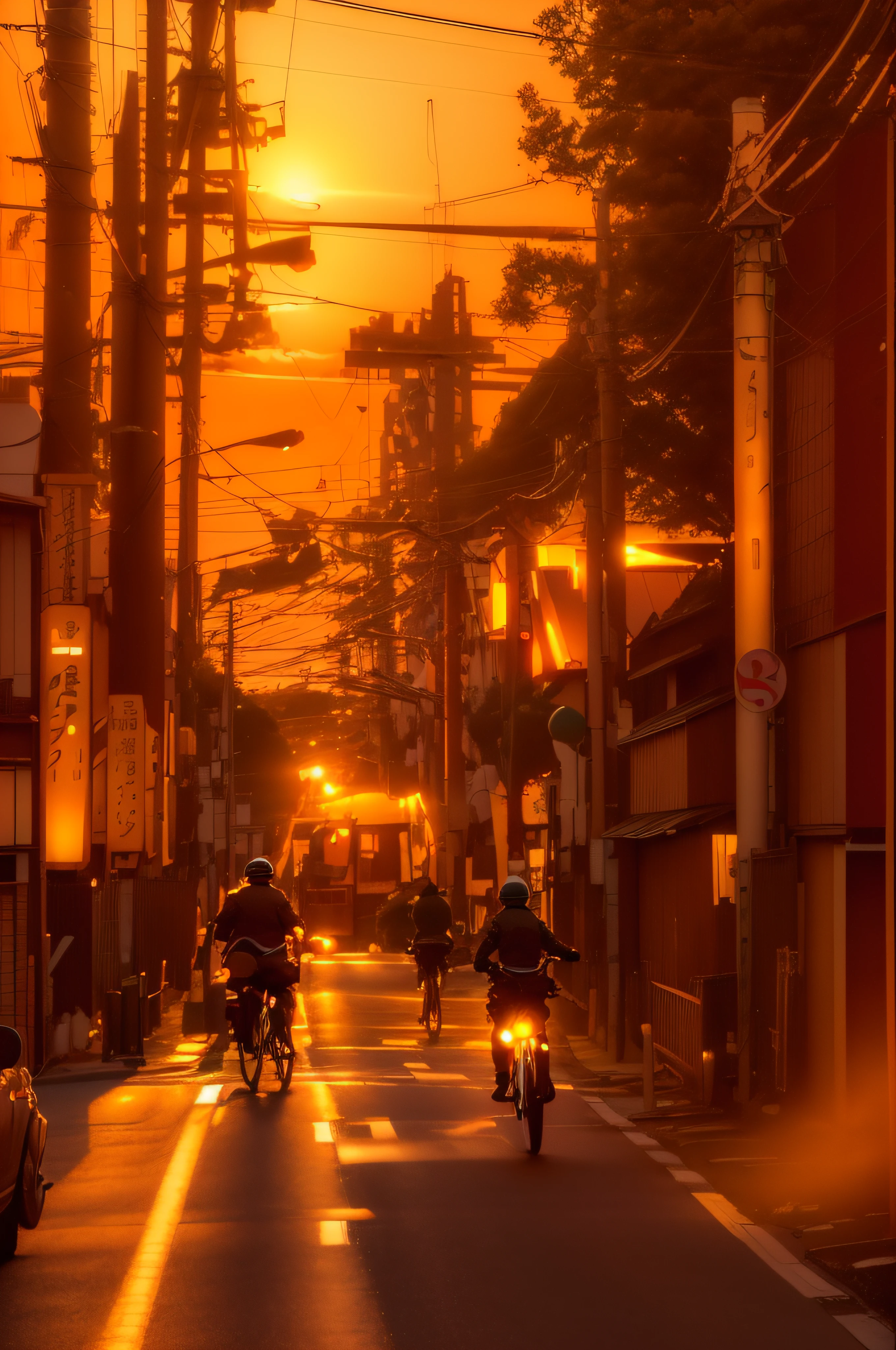 Araffin riding on the street on a power line at sunset, golden hour in tokyo, Warm sunset, sunset kanagawa prefecture, Sunset!!!, it is sunset, sunset ligthing, Heading towards the sunset, japanese street, Sunset light, Golden hour in the morning, on tokyo street, The sun is setting, golden hour sun, Sunset!, sunrise light, Sundown