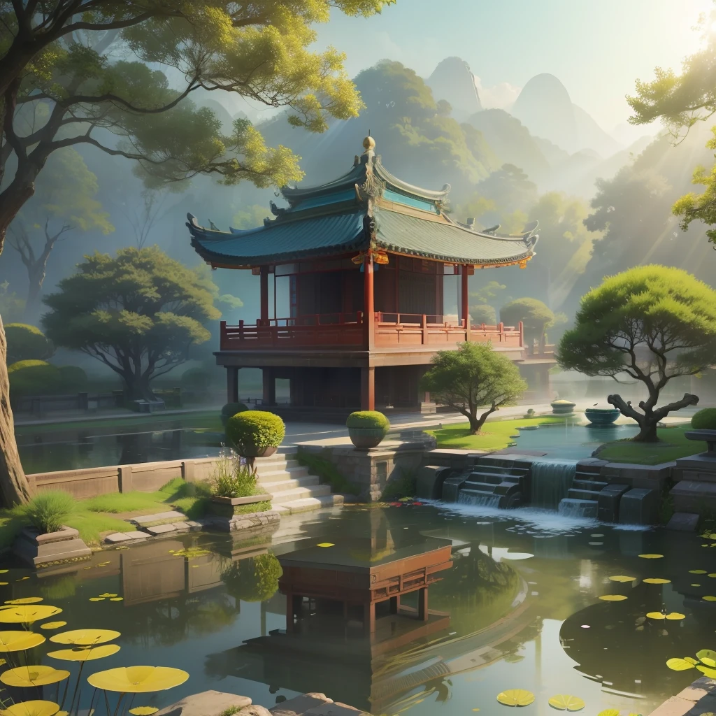 Chinese Ancient Architecture,ponds,rays of sunshine,The water is sparkling,