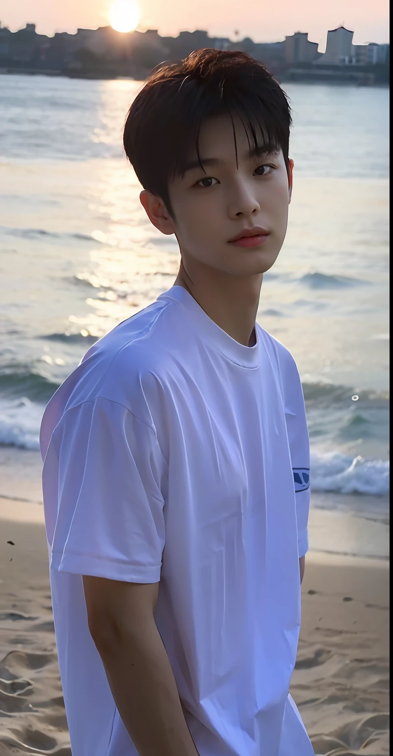 （Handsome Chinese guy：1.5）Boy student，Wear short black sleeves，Watch the sunset by the sea，The background is blurred out，a sense of atmosphere，eye looking to camera，The eyes are affectionate，Close-up of the face movie highlights, live-action movie scenes