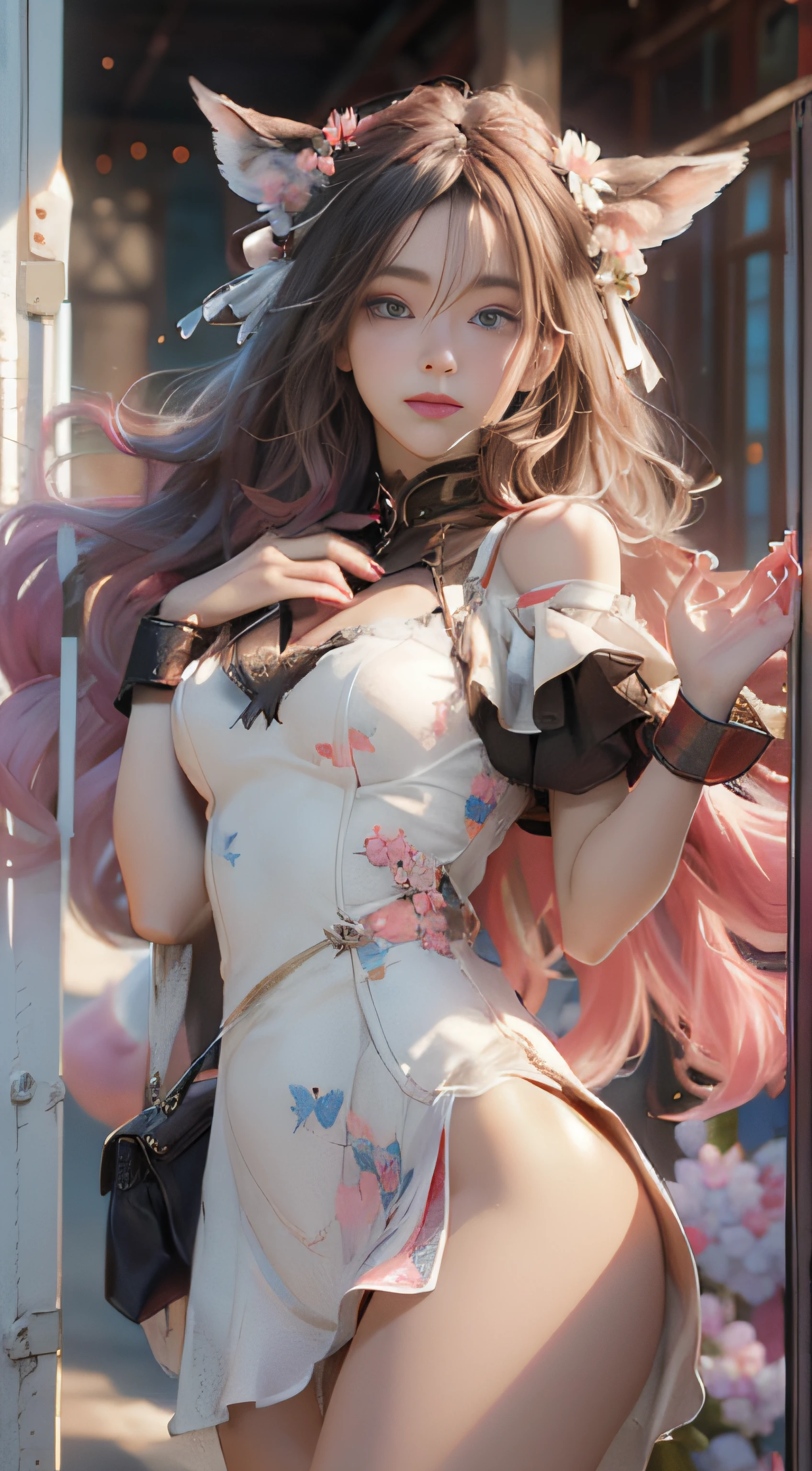 ((best qualtiy)), ((tmasterpiece)), (detail:1.4), Beautiful cyberpunk female images,hdr(HighDynamicRange),Ray traching,NVIDIA RTX,Hyper-Resolution,illusory 5,sub surface scattering,PBR textures,post-proces,Anisotropy Filtering,depth of fields,maximum definition and sharpness,Many-Layer Textures,Albedo e mapas Speculares,Surface coloring,Mitsu-Accurate simulation of material interactions,perfectly proportioned,rendering by octane,Two-colored light,largeaperture,Low ISO,White balance,Rule three points、8K raw data、Beautiful bright blue pupils,off-the-shoulder clothes,Fine pupils,Delicate face and eyes,long eyelasher,Blushlush,Delicate and fluffy hair,pink lip,Pure,Cute face,Sweet girl,Artistic sense,Casual wear,Advancedsense,butterflys,Cherry blossom petal,Beautiful hair accessories,Long hair and waist,Hair fluttering in the wind,Snow-white fox ears,curlies,Snow-white fluffy tail,Positive light,The light from the back window is backlighted