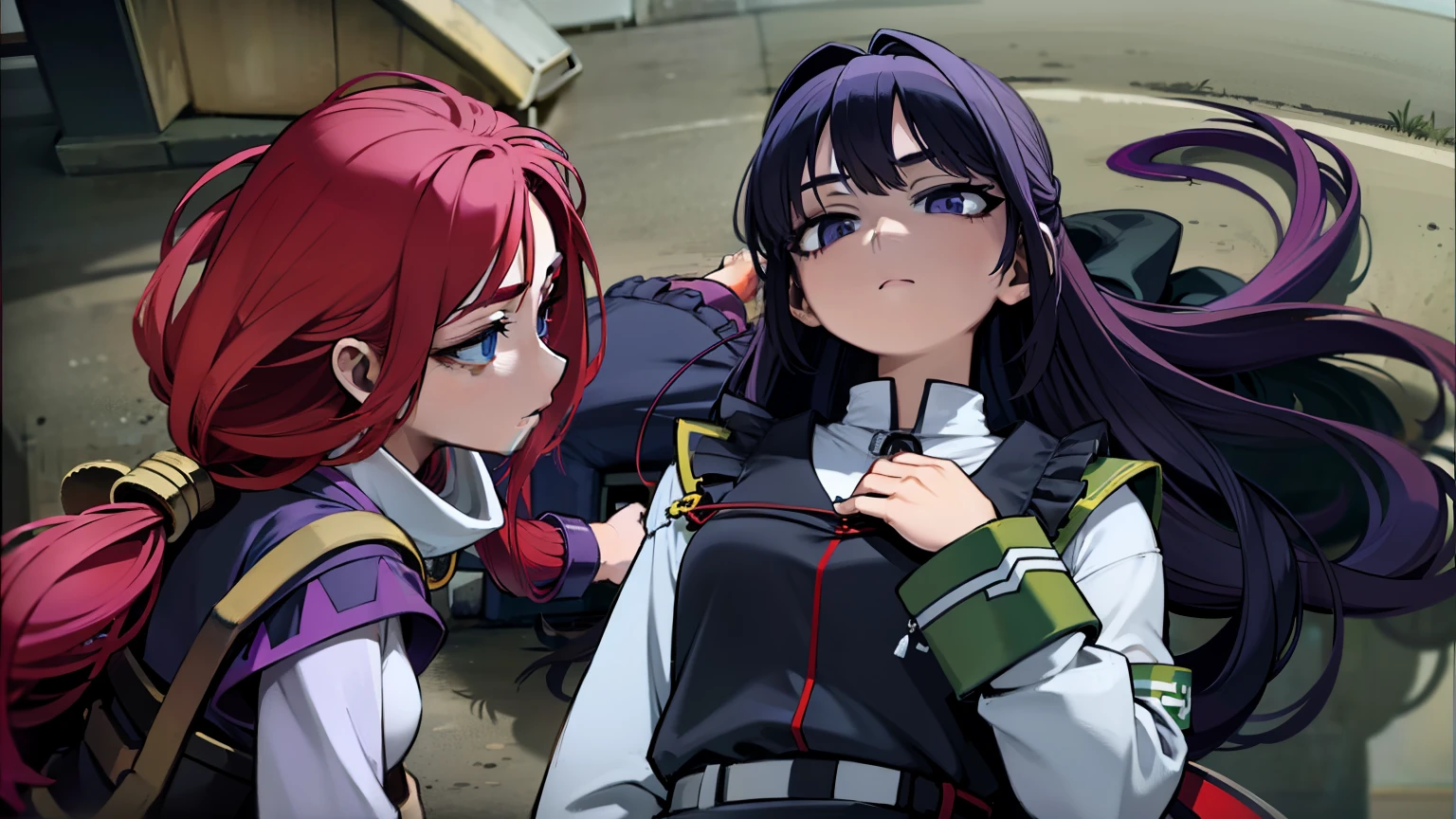 2D, masterpiece, top-quality, Girl on the left、profile、long red hair tied with scrunchies,、blue-purple eyes、White muffler、Purple black suit in image color、Yellow shoulder bag at back with pink line on sleeves、Girl on the right、Silky white hair ornament tied with white string、waist-length black hair、Square bangs hanging on both sides (Large bangs hanging to the right and small bangs hanging to the left) 、a purple eye、Hold your chest with your left hand、A black suit with green as the image color、Wasteland