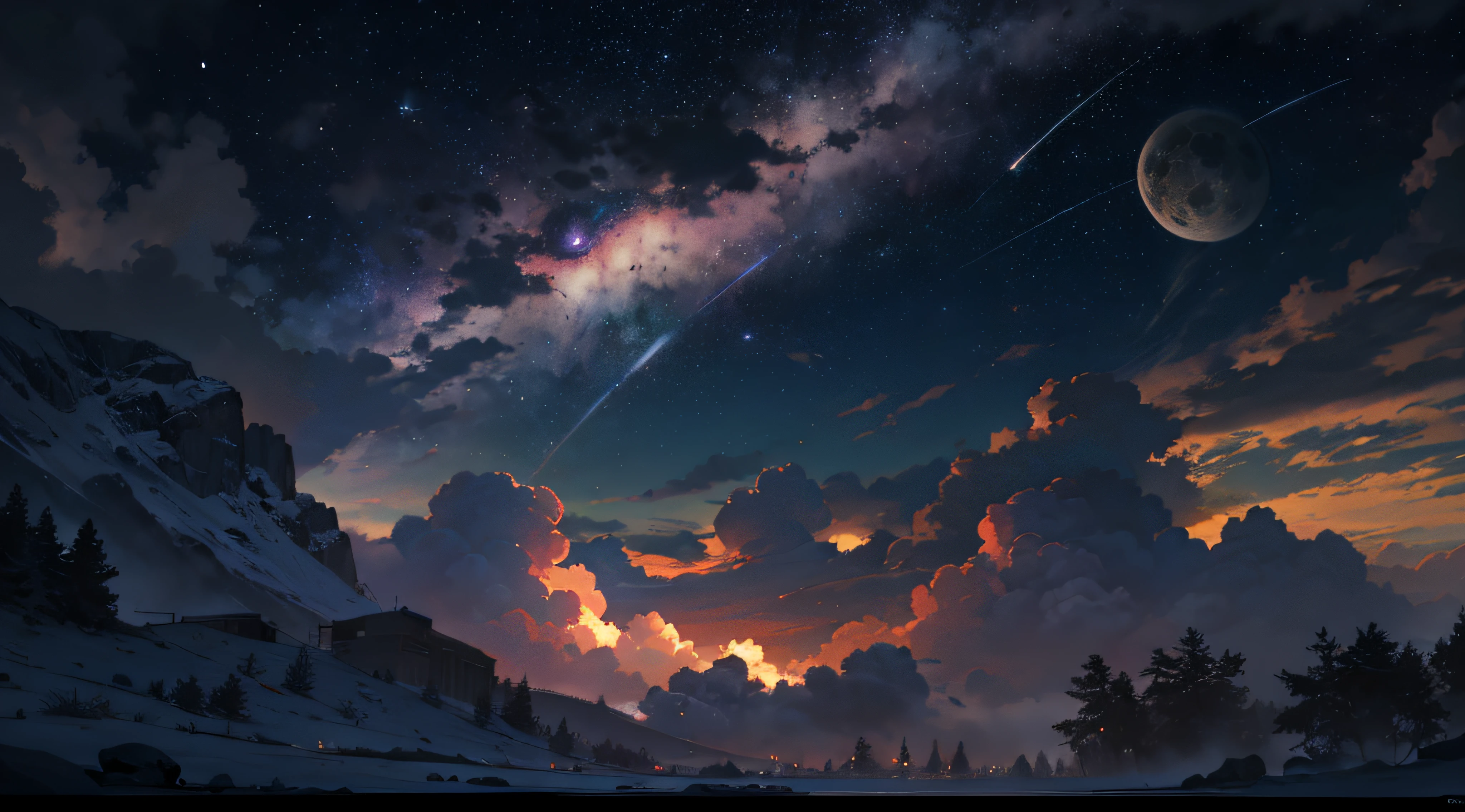 Expansive landscape photograph,(moon full:1.2),(meteors:0.9),(Starcloud:1.3),(Warm light source:1.2),(glowworm:1.2),lamp lights,Lots of purple and orange,Complicated details,Volumetriclighting,Realism BREAK(tmasterpiece:1.2),(best qualtiy),8K,Ultra-detailed,(dynamic compositions:1.4),The is very detailed,Colorful details,(Irridescent color:1.2),(luminouslighting,Atmospheric lighting),dream magical,magical,(独奏:1.2),((best qualtiy)), ((tmasterpiece)), (the detail:1.4),depth of fields,maximum definition and sharpness,perfectly proportions,Fluttering clouds,Wallpapers
