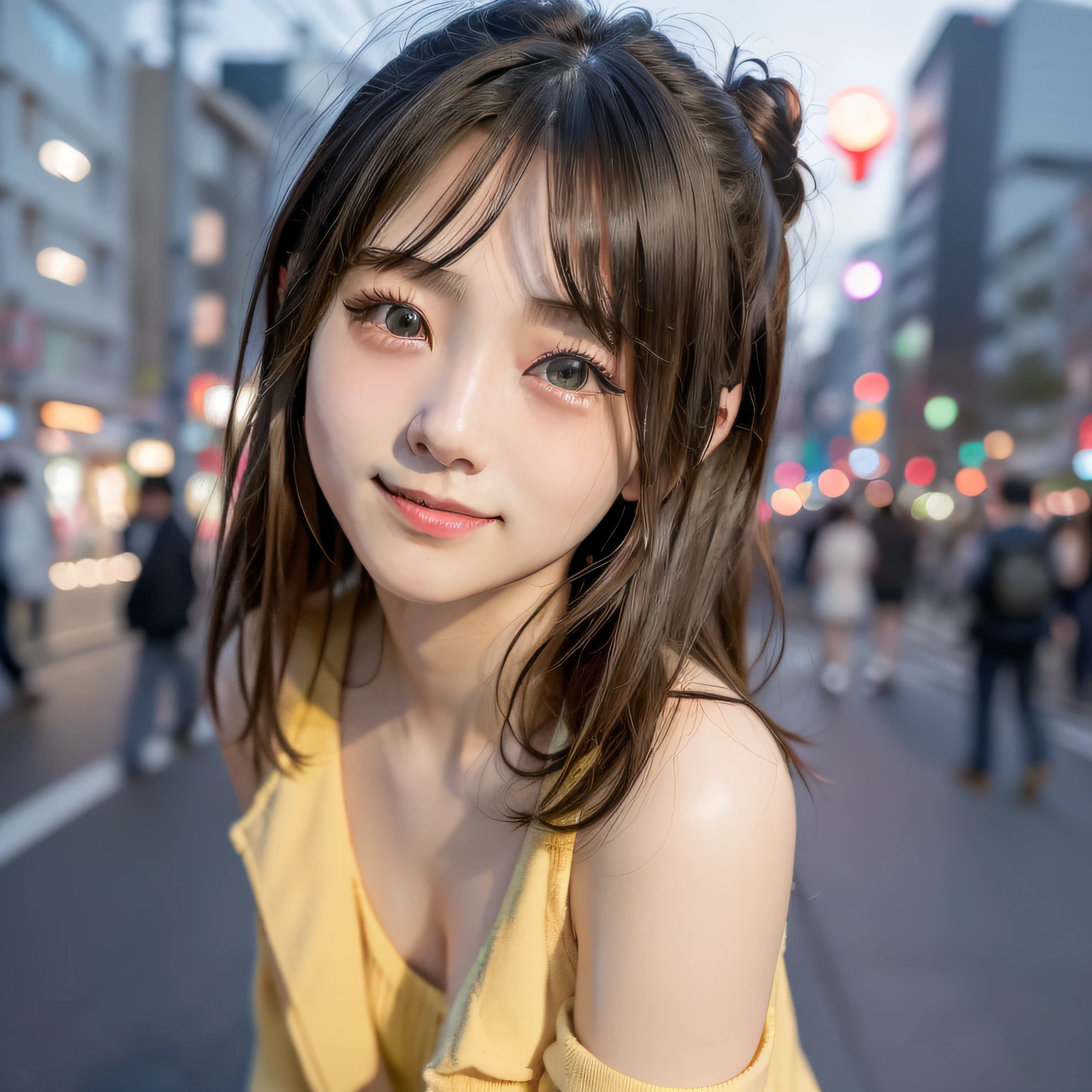 女の子1人、on tokyo street、natta、A city scape、city light、The upper part of the body、(8K、Raw photography、top-quality、masterpiece:1.2)、(realisitic、photoRealstic:1.37)、a smile、arm behind back、full bodyesbian