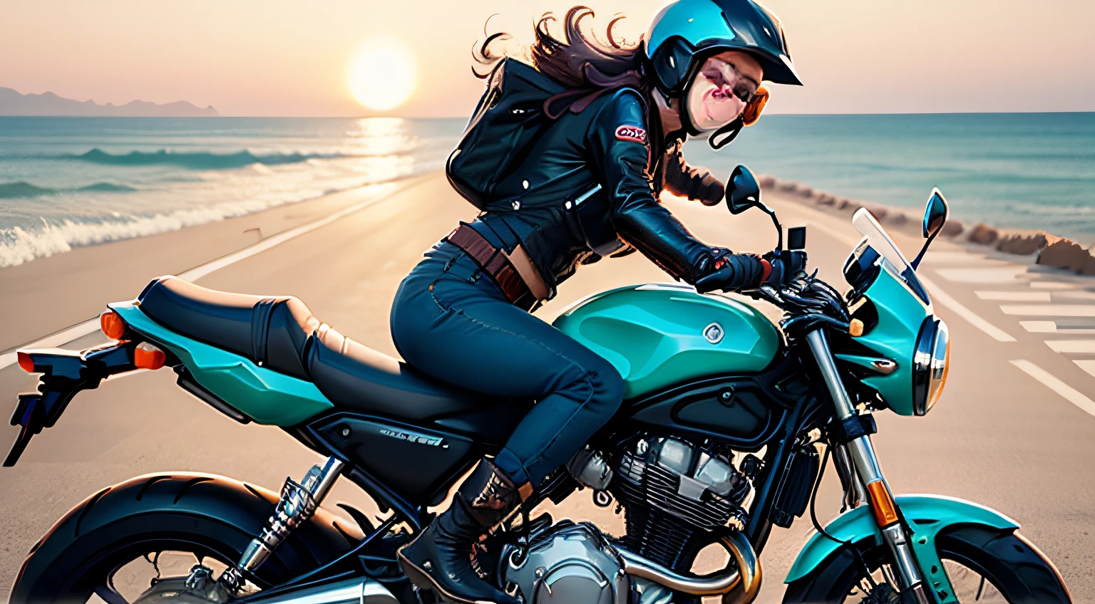 Handsome motorcyclist,Beloved girl,Carry a cheerful smiley face,Ride on the warm roads by the Spanish sea,The city meets the sea,The sun shines on the two,A gentle breeze。