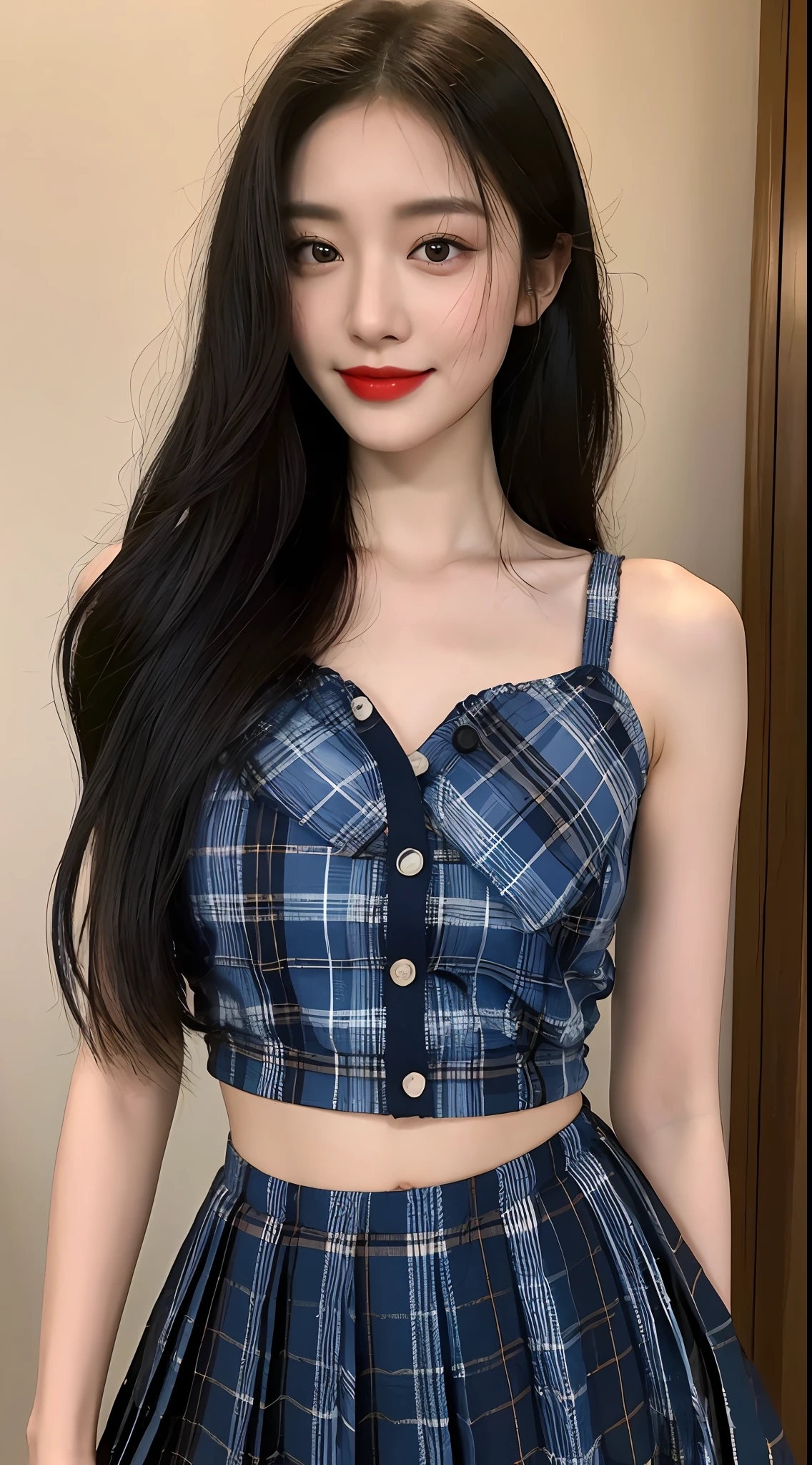 high detal,8K分辨率,超高分辨率,Best image quality,a beauty girl,lipsticks,Love pupils,Peerless beauty,Messy black straight hair,shoulder-length short hair,(Coiled hair)Smooth hair,Intense and beautiful makeup,Exquisite and perfect facial features,the most beautiful big eyes,Be red in the face,Sweet smile,(Wearing a blue lace shirt with buttons,tiese ,Plaid pleated skirt)Open navel,Thin waist,(Full breasts)Get close to the viewer,dynamic angle,Extreme picture quality,Highest accuracy