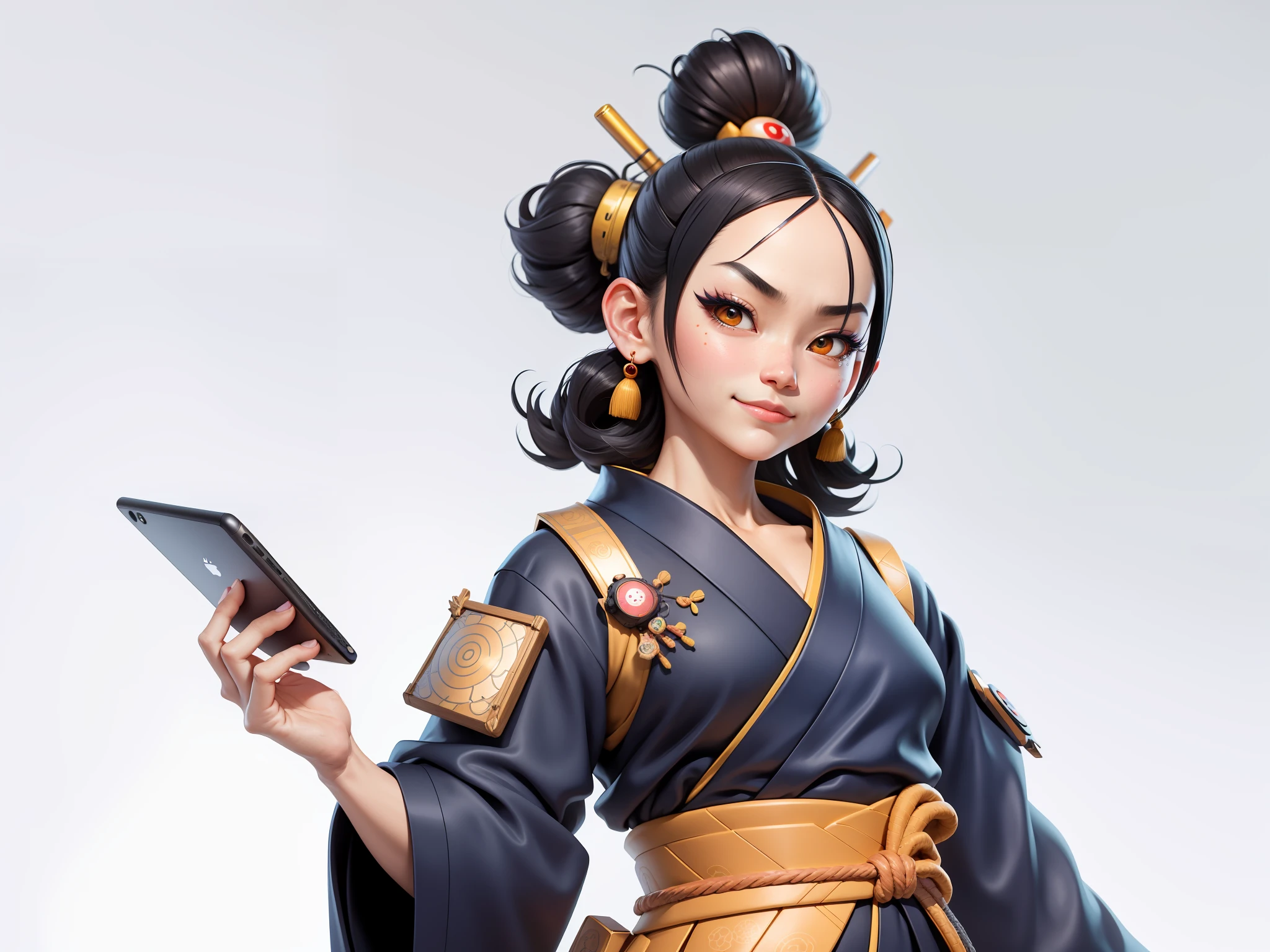 (Daisaku),(Need),(Super meticulous),(full bodyesbian:1.2),Japanese ukiyo-e girl,japanese geisha,Beautiful,Oriental dragon,Aeolian Thor,Raised sexy,爆乳,Oriental face,TV Anchor,Bust portrait illustration,Alone,In black suit,a blue tie,The face is slightly chubby,The face was clean,without a beard,Black super short hair,Black eyes,Smile confidently,3C computer sub-products,iPad, iphone,Digital painting,3D character design by Mark Clairen and Pixar and Hayao Miyazaki and Akira Toriyama,The illustration is a high-definition illustration in 4K resolution,With very detailed facial features and cartoon-style visuals。