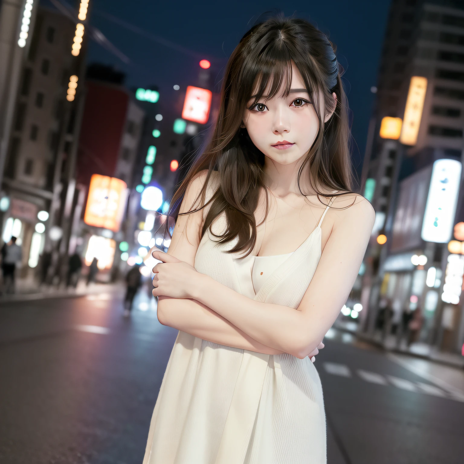 女の子1人、on tokyo street、natta、A city scape、city light、The upper part of the body、(8K、Raw photography、top-quality、masterpiece:1.2)、(realisitic、photoRealstic:1.37)、a smile、arm behind back、full bodyesbian