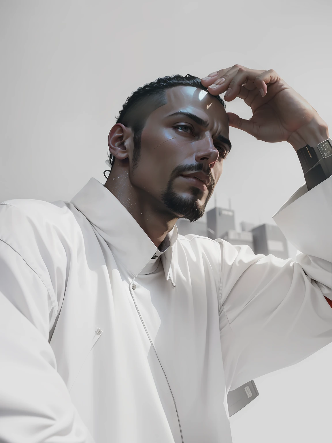 Put the man in the picture into a cyberpunk-style spaceship,The background is outer space,high-definition picture quality,extreme hight detail,The sun shines from the upper left corner