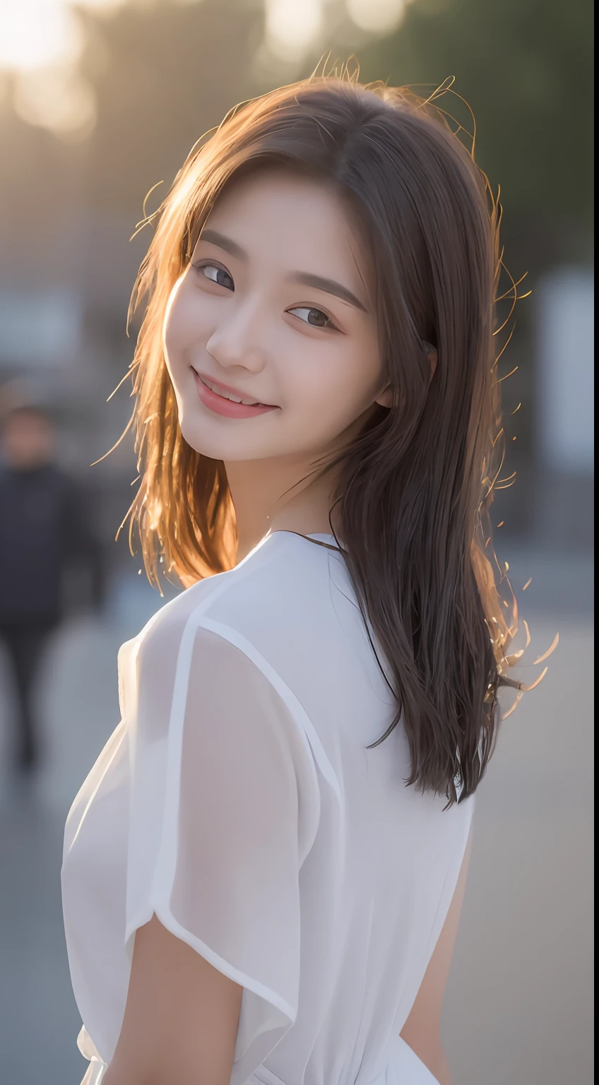 ((Top Quality, 8K, Masterpiece: 1.3)), Focus: 1.2, Perfect Body Beauty: 1.4, Ass: 1.2, ((Layered Haircut, Breasts: 1.2)), (Wet Clothes: 1.1), (Sunset, Street: 1.3), Bando Dress: 1.1, Highly Detailed Face and Skin Texture, Narrow Eyes, Double Eyelids, Whitening Skin, Long Hair, (Shut Up: 1.3), Smile