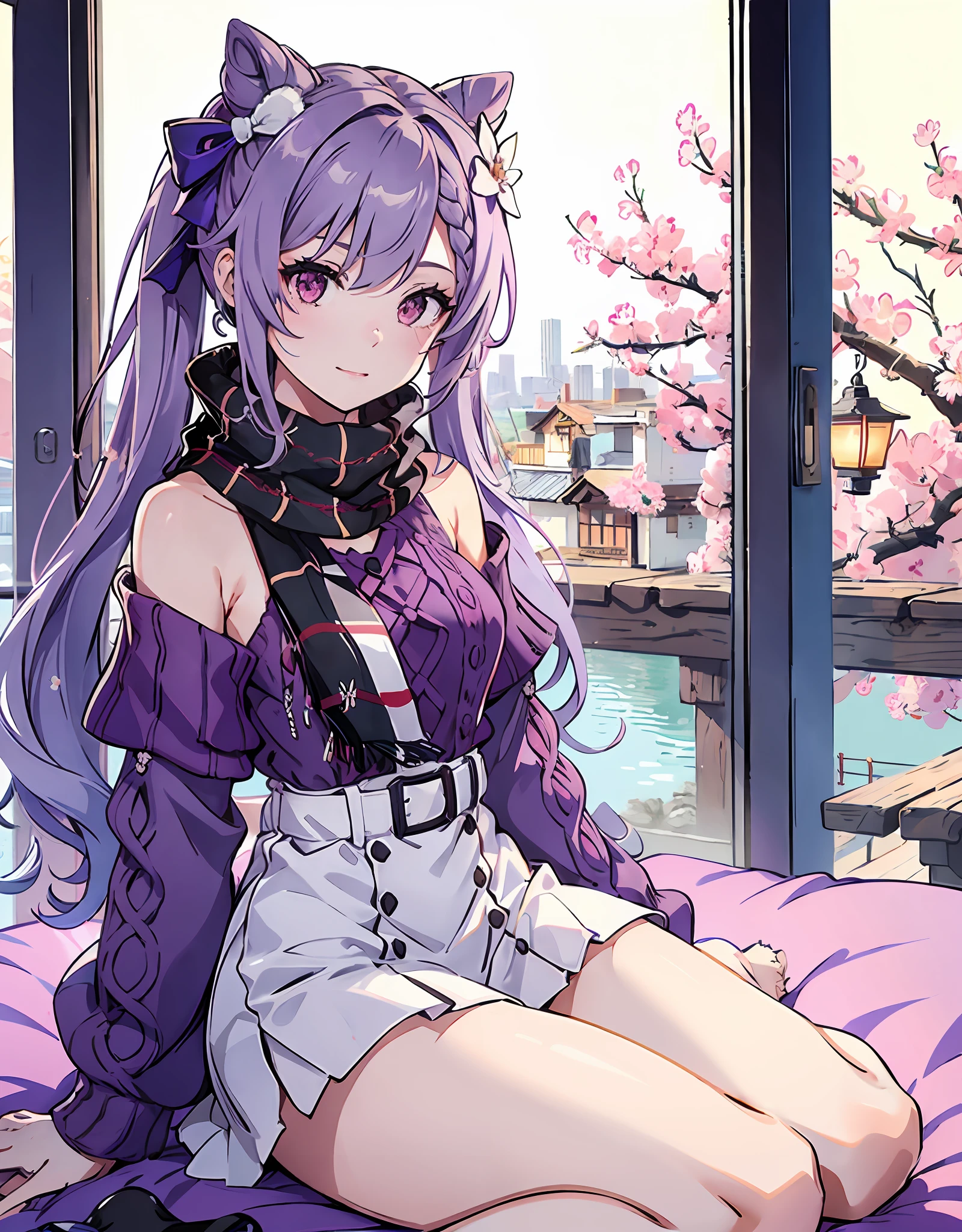 1girl, solo, sexy, sitting on the bedside, legs, full-body shot, keqing (lantern rite) (genshin impact), keqing (genshin impact), hair bun, skirt, scarf, purple sweater, white skirt, purple hair, sweater, twintails, purple eyes, diamond-shaped pupils, hair ornament, bare shoulders, smile, breasts, cone hair bun, long hair, belt, double bun, long sleeves, bangs, bow, hair flower, hair bow,ribbon, hair ribbon, braid, plaid scarf, plaid, off shoulder