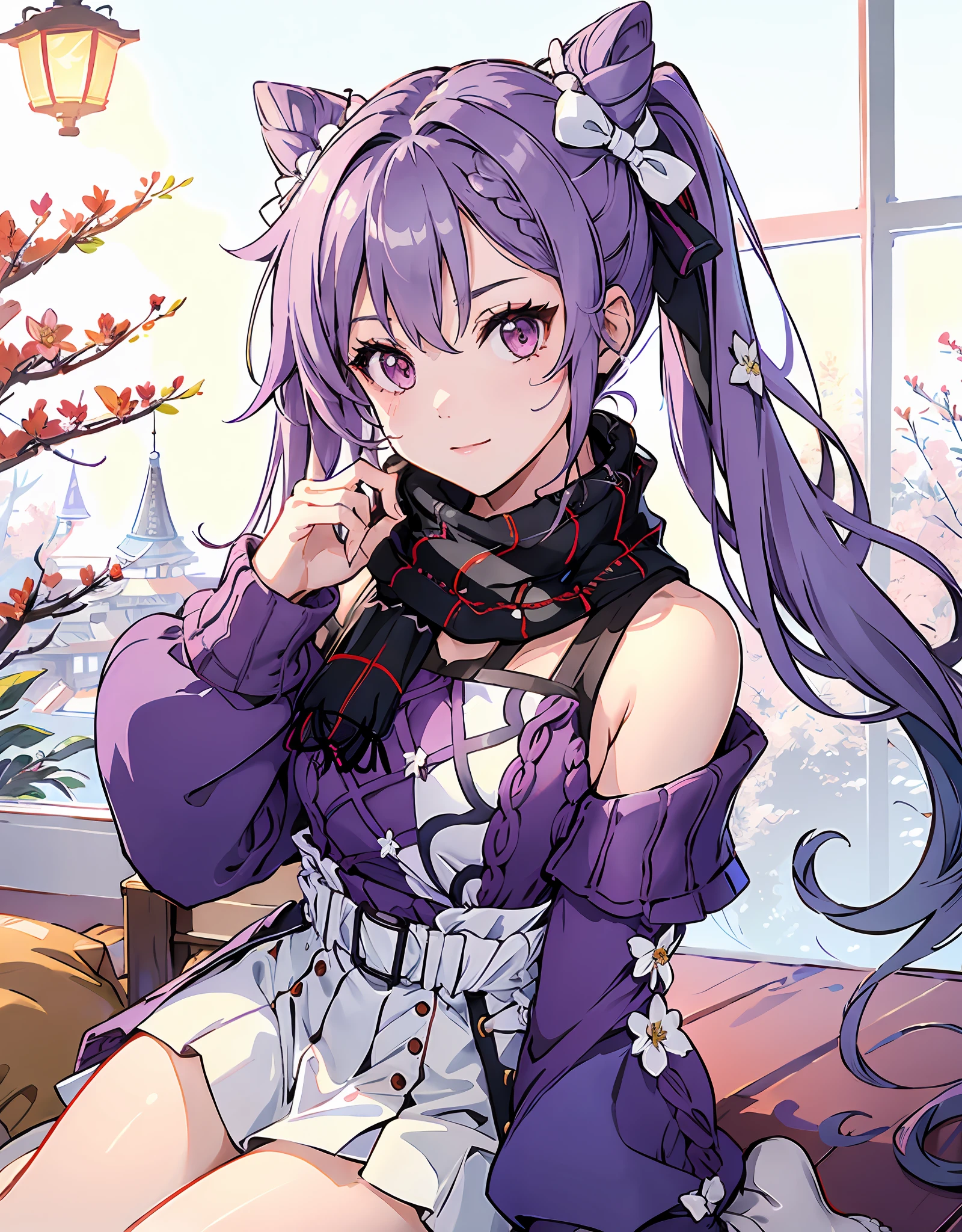 1girl, solo, sexy, sitting on the bedside, legs, full-body shot, keqing (lantern rite) (genshin impact), keqing (genshin impact), hair bun, skirt, scarf, purple sweater, white skirt, purple hair, sweater, twintails, purple eyes, diamond-shaped pupils, hair ornament, bare shoulders, smile, breasts, cone hair bun, long hair, belt, double bun, long sleeves, bangs, bow, hair flower, hair bow,ribbon, hair ribbon, braid, plaid scarf, plaid, off shoulder
