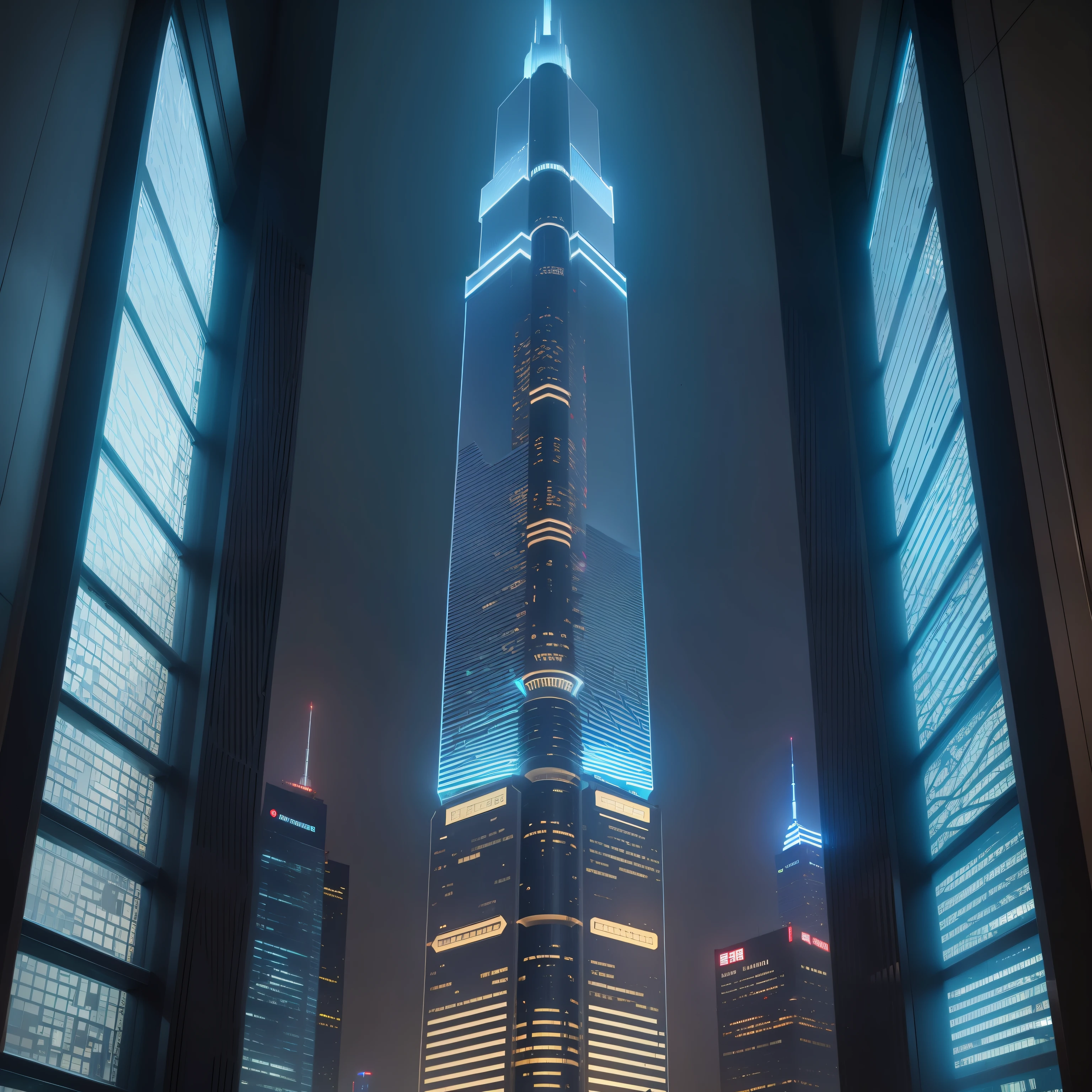 The tallest building in Shenzhen，There are more light elevators outside the building，Tech Style，Peace and happiness，Cool lights at night