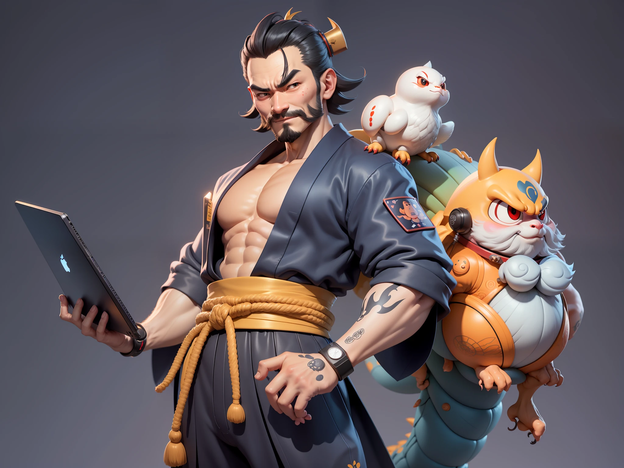 (Daisaku),(Need),(Super meticulous),(full bodyesbian:1.2),Japanese ukiyo-e girl,japanese geisha,Beautiful,Oriental dragon,Aeolian Thor,Raised sexy,爆乳,Oriental face,TV Anchor,Bust portrait illustration,Alone,In black suit,a blue tie,The face is slightly chubby,The face was clean,without a beard,Black super short hair,Black eyes,Smile confidently,3C computer sub-products,iPad, iphone,Digital painting,3D character design by Mark Clairen and Pixar and Hayao Miyazaki and Akira Toriyama,The illustration is a high-definition illustration in 4K resolution,With very detailed facial features and cartoon-style visuals。