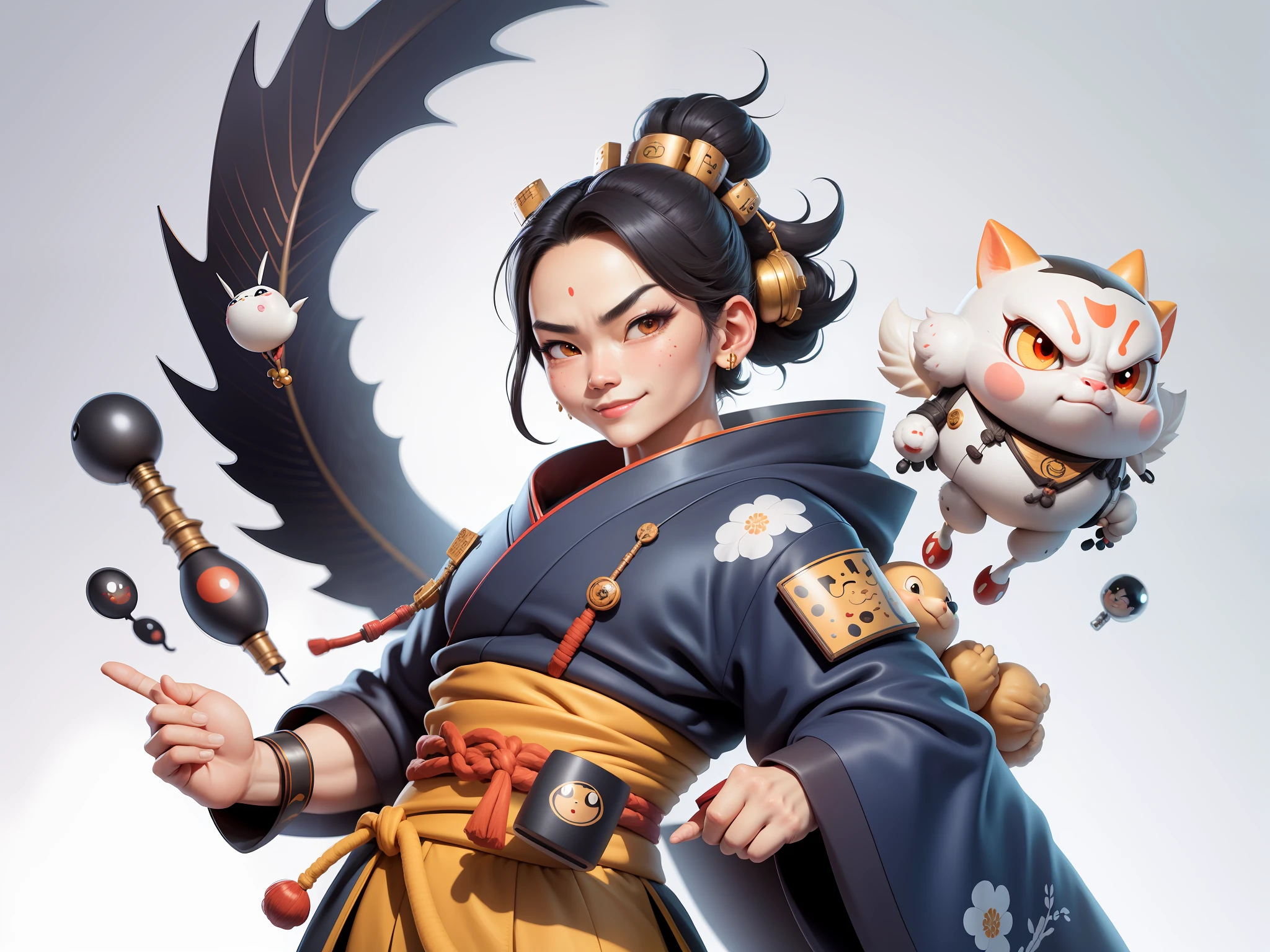 (Daisaku),(Need),(Super meticulous),(full bodyesbian:1.2),Japanese ukiyo-e girl，japanese geisha，Beautiful，Oriental dragon，Aeolian Thor，Raised ????，爆乳，Oriental face，TV Anchor，Bust portrait illustration，Alone，In black suit，a blue tie，The face is slightly chubby，The face was clean，without a beard，Black super short hair，Black eyes，Smile confidently，3C computer sub-products，iPad， iphone，Digital painting，3D character design by Mark Clairen and Pixar and Hayao Miyazaki and Akira Toriyama，The illustration is a high-definition illustration in 4K resolution，With very detailed facial features and cartoon-style visuals。