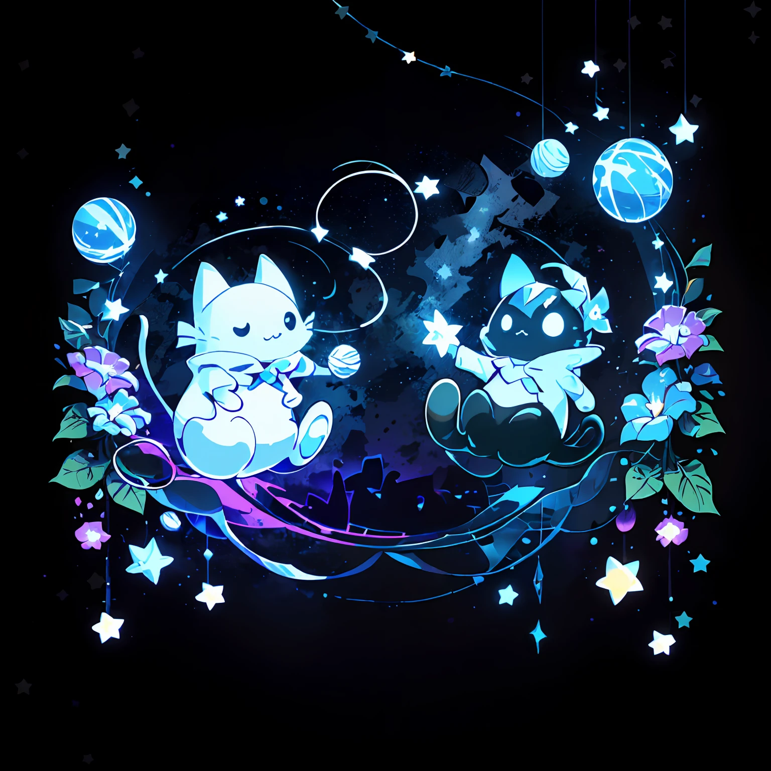 cute00d, Star (symbol), Pieces of flowers, ((2 cats)), Black background, Star (skyporn), floating, Rays of Light, Shining stars、 spaces, thread,  Ball of yarn, Dancing Mouse,