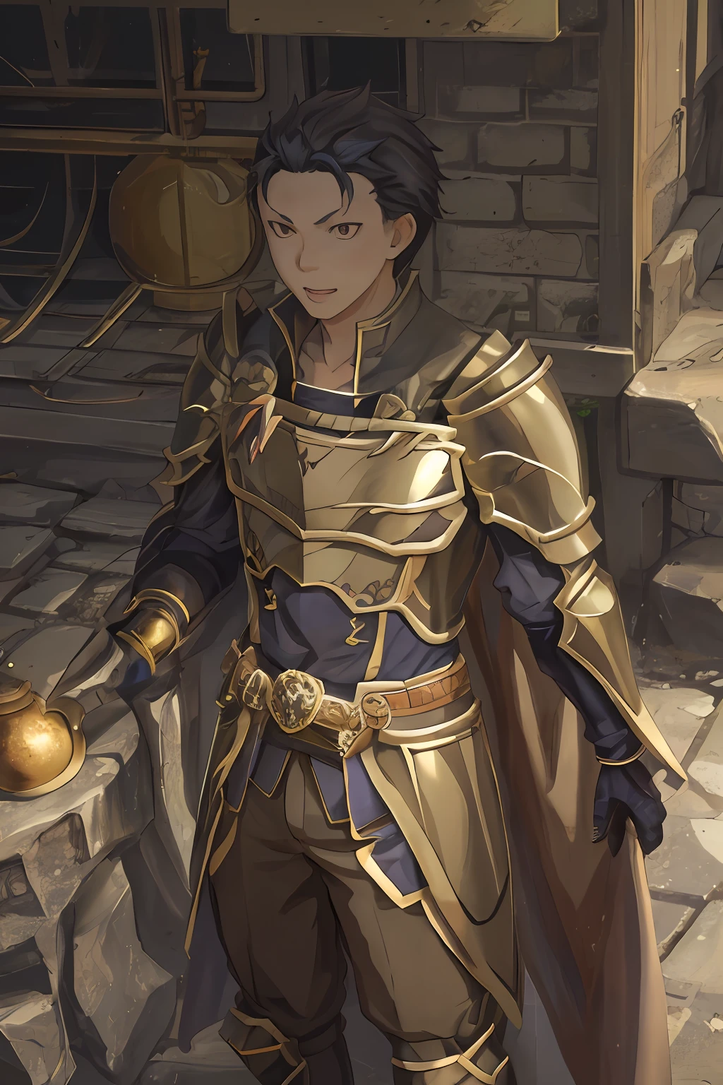 (1 Adult male),A high resolution, Sharp focus, Pixiv masterpiece, ((Complicated details)), highly detailed, natsuki_subaru, 1 man, with her mouth open,drools,full bodyesbian, Gold eyes(eyes glowing), with short golden hair,Armour,cloaks,Shoulder armor,perspire,look from down