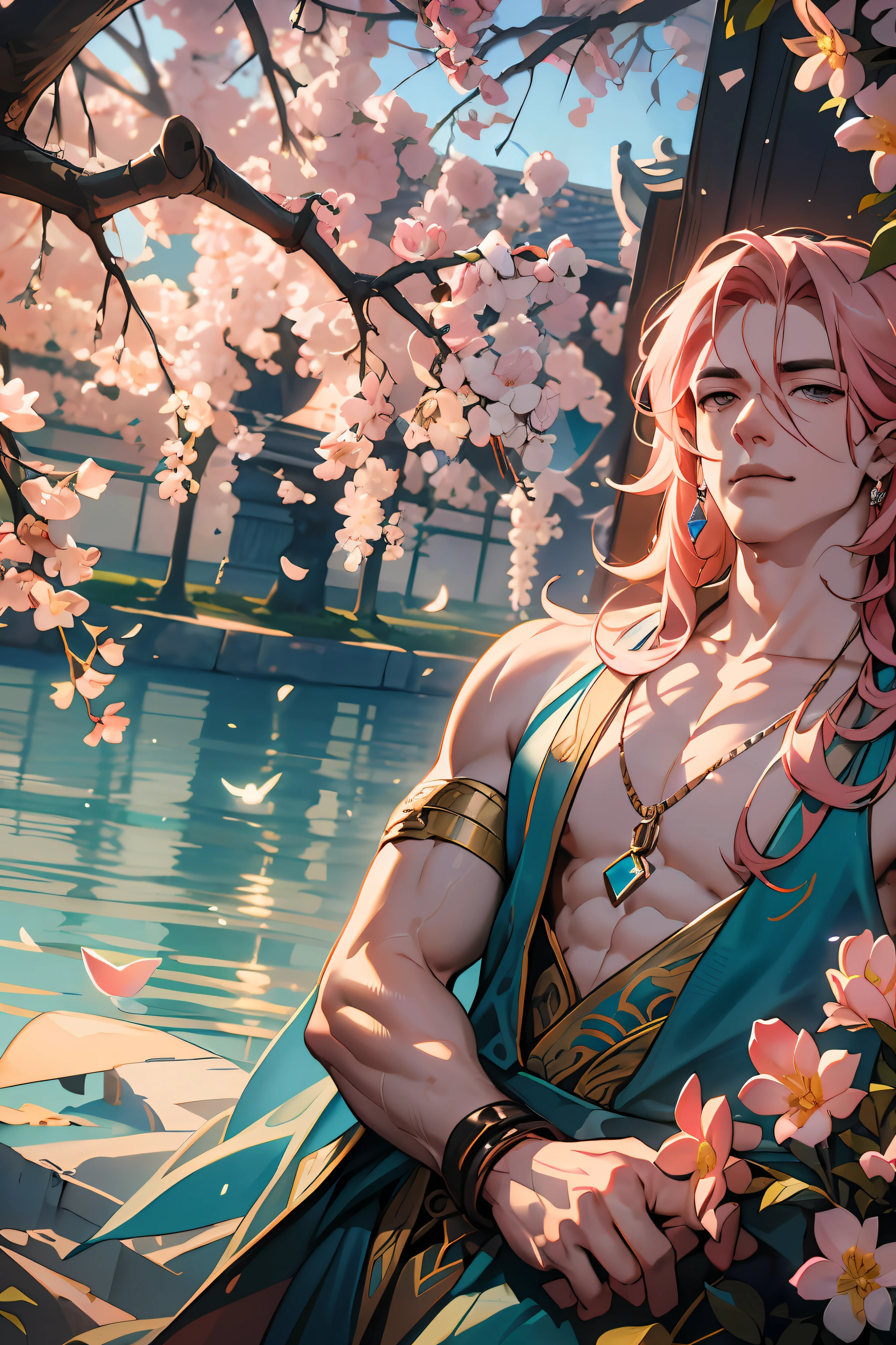 (hoang lap, A high resolution, Ultra detailed), 1 male, Adult, A handsome, tall muscular guy, Wide shoulders, finely quality eyes, extra very long hair, Pink hair, Wavy hair, Flowers, Diamond, jewelry, sonoko, woods, Portrait, (Dutch angle), Closed mouth