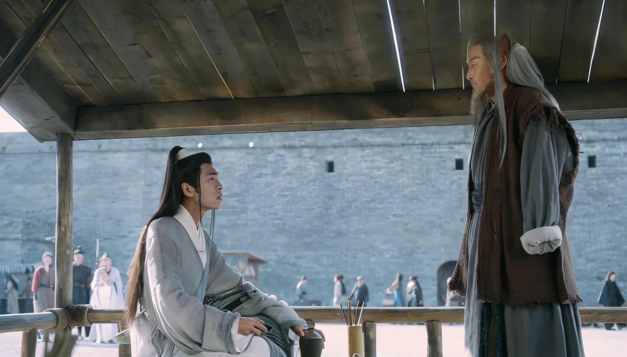 In front of the city walls，Standing an old man in sheepskin fur，There was a young man sitting，Hanfu，swordsmen，Ancient wind，Delicate facial features，Clear face