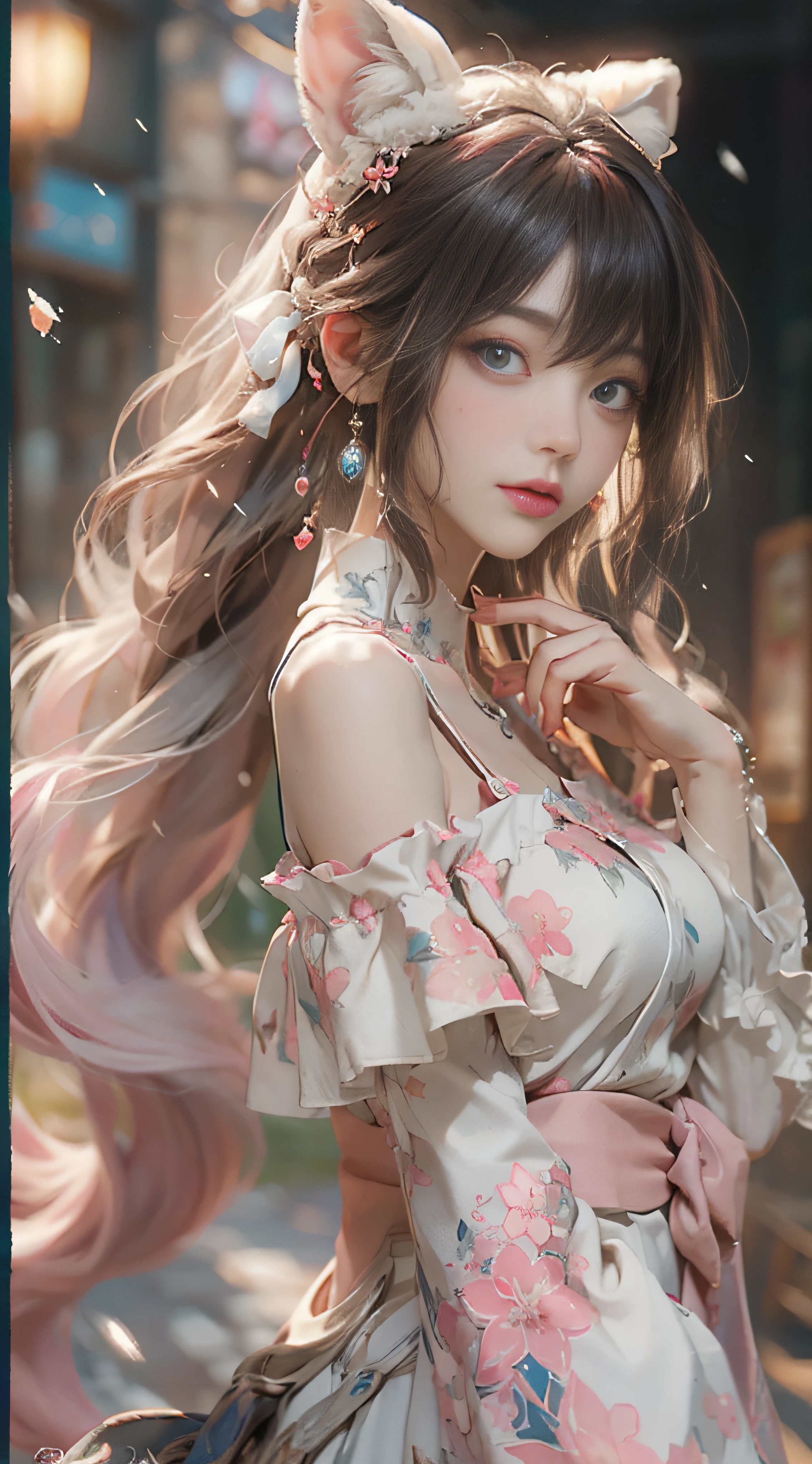 ((best qualtiy)), ((tmasterpiece)), (detail:1.4), Beautiful cyberpunk female images,hdr(HighDynamicRange),Ray traching,NVIDIA RTX,Hyper-Resolution,illusory 5,sub surface scattering,PBR textures,post-proces,Anisotropy Filtering,depth of fields,maximum definition and sharpness,Many-Layer Textures,Albedo e mapas Speculares,Surface coloring,Mitsu-Accurate simulation of material interactions,perfectly proportioned,rendering by octane,Two-colored light,largeaperture,Low ISO,White balance,Rule three points、8K raw data、Beautiful bright blue pupils,off-the-shoulder clothes,Fine pupils,Delicate face and eyes,long eyelasher,Blushlush,Delicate and fluffy hair,pink lip,Pure,Cute face,Sweet girl,Artistic sense,Casual wear,Advancedsense,butterflys,Cherry blossom petal,Beautiful hair accessories,Long hair and waist,Hair fluttering in the wind,Snow-white fox ears,curlies,Snow-white fluffy tail,Positive light,The light from the back window is backlighted