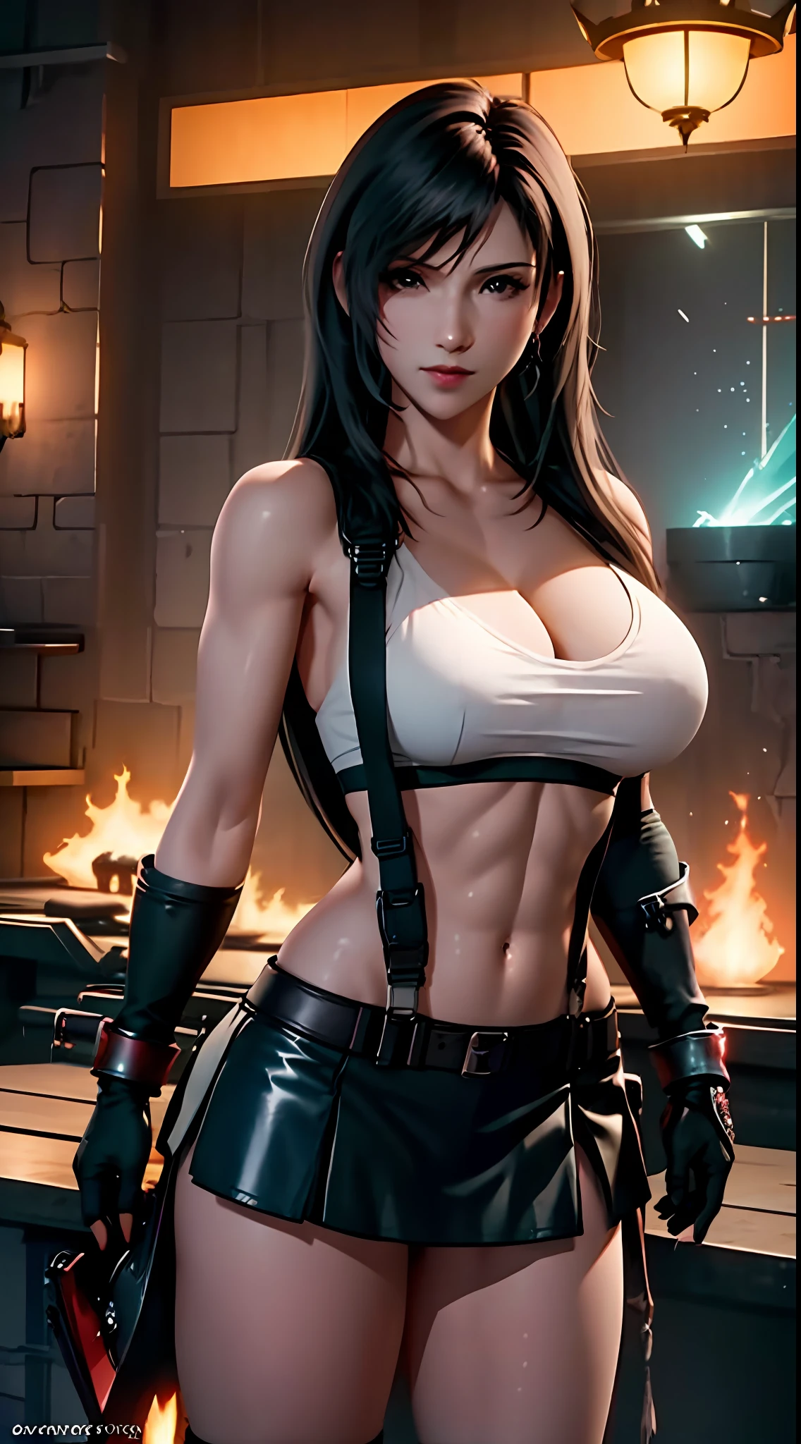 （tmasterpiece）， （best qualtiy）， 8K分辨率， ultra - detailed， ultra - detailed， photorealestic， photore， （1girll）， ff Tifa， Final Fantasy VII， Tifa Lockhart， cool-pose， brunette color hair， perfect bodies，gigantic cleavage breasts，Very full breasts，Eight-pack abs，Strong arms，3DMM style，White women's slingshot one-piece mini bikini