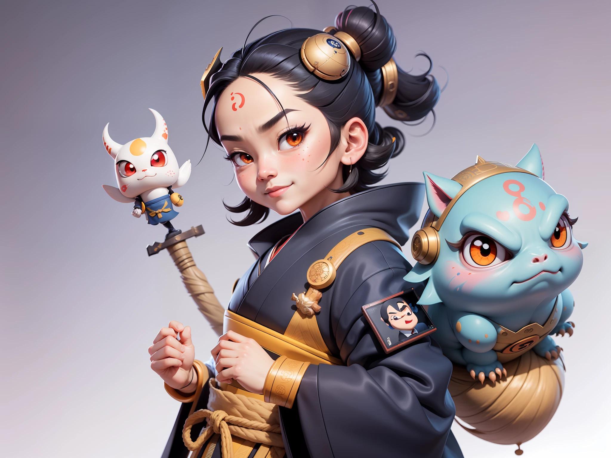 (Daisaku),(Need),(Super meticulous),(full bodyesbian:1.2),Japanese ukiyo-e girl,japanese geisha,Beautiful,Oriental dragon,Aeolian Thor,Raised sexy,爆乳,Oriental face,TV Anchor,Bust portrait illustration,Alone,In black suit,a blue tie,The face is slightly chubby,The face was clean,without a beard,Black super short hair,Black eyes,Smile confidently,3C computer sub-products,iPad, iphone,Digital painting,3D character design by Mark Clairen and Pixar and Hayao Miyazaki and Akira Toriyama,The illustration is a high-definition illustration in 4K resolution,With very detailed facial features and cartoon-style visuals。
