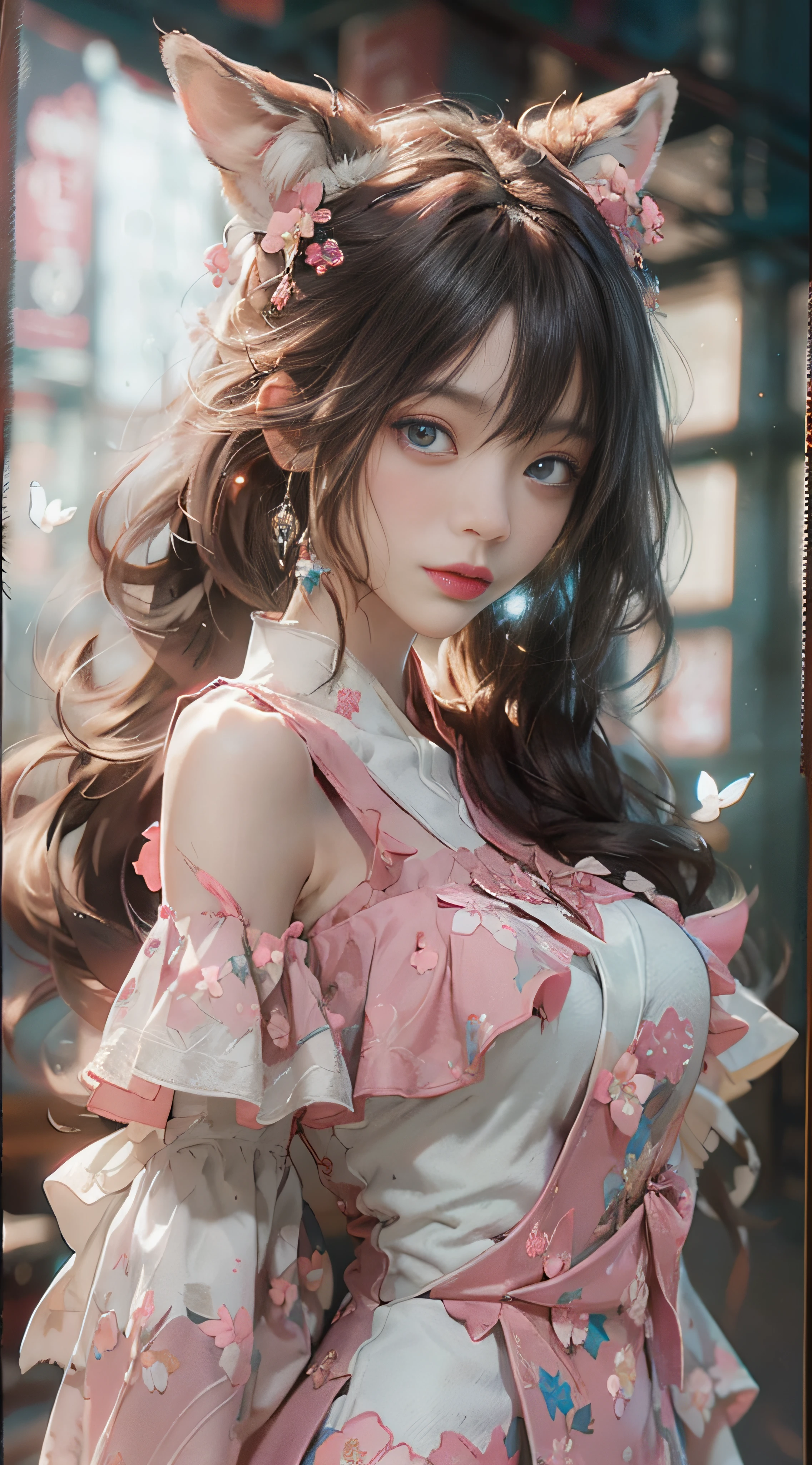 ((best qualtiy)), ((tmasterpiece)), (detail:1.4), Beautiful cyberpunk female images,hdr(HighDynamicRange),Ray traching,NVIDIA RTX,Hyper-Resolution,illusory 5,sub surface scattering,PBR textures,post-proces,Anisotropy Filtering,depth of fields,maximum definition and sharpness,Many-Layer Textures,Albedo e mapas Speculares,Surface coloring,Mitsu-Accurate simulation of material interactions,perfectly proportioned,rendering by octane,Two-colored light,largeaperture,Low ISO,White balance,Rule three points、8K raw data、Beautiful bright blue pupils,off-the-shoulder clothes,Fine pupils,Delicate face and eyes,long eyelasher,Blushlush,Delicate and fluffy hair,pink lip,Pure,Cute face,Sweet girl,Artistic sense,Casual wear,Advancedsense,butterflys,Cherry blossom petal,Beautiful hair accessories,Long hair and waist,Hair fluttering in the wind,Snow-white fox ears,curlies,Snow-white fluffy tail,Positive light,The light from the back window is backlighted