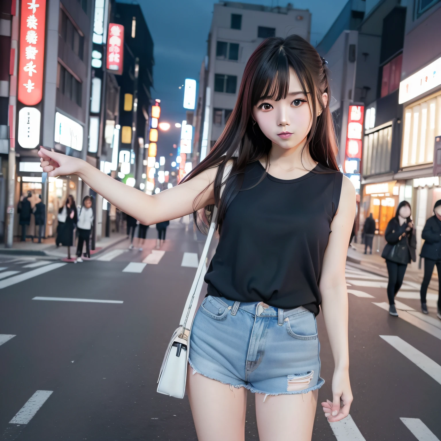 女の子1人、on tokyo street、natta、A city scape、city light、(in 8K、Raw photography、top-quality、masterpiece:1.2)、(realisitic、photoRealstic:1.37)、a smile、arm behind back、full bodyesbian