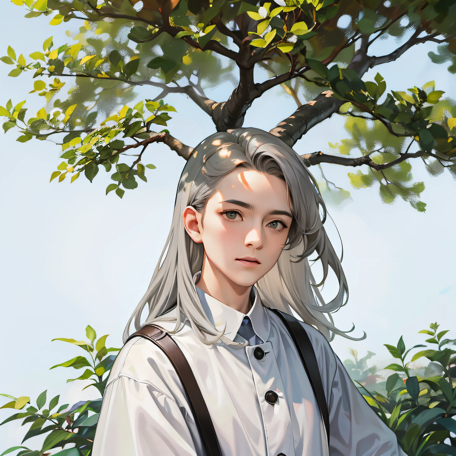 One head,A tree grows above the head,The whole color is gray,The background is simple and solid color,