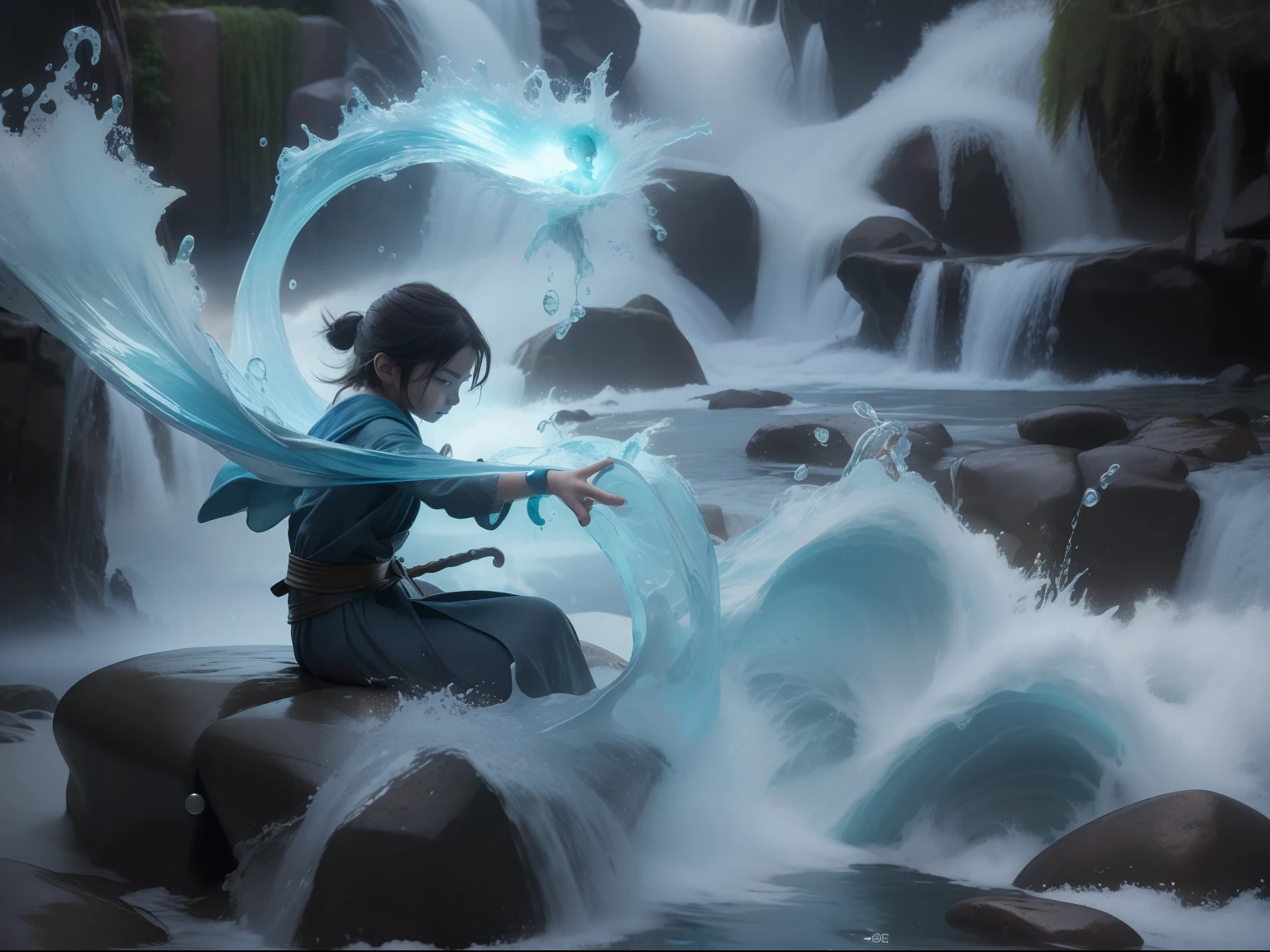 The child Triton sitting on a rock is experimenting with his hability to unleash the power of water. His expression is cute and candid, his own hability surprises him. From his rised hand, whips of water form an arch, where the full moonlight is reflected. Night. Photography.