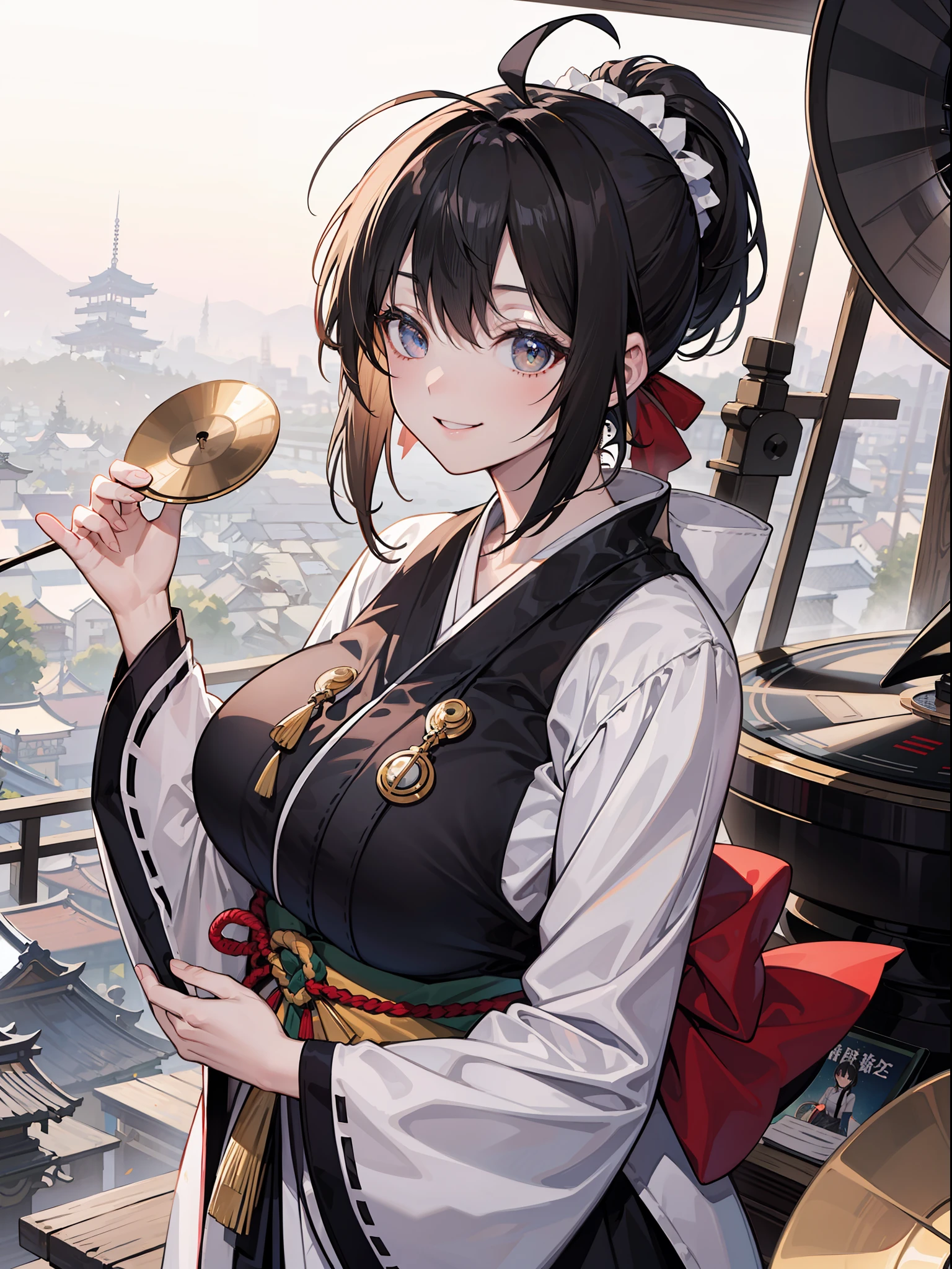 Super huge Super huge Super Giant Chest、A dark-haired、Ahoge,Single Blade Ponytail、top-quality、Beautuful Women、Beautiful Kyoto background、Beautiful gramophone、Smile、