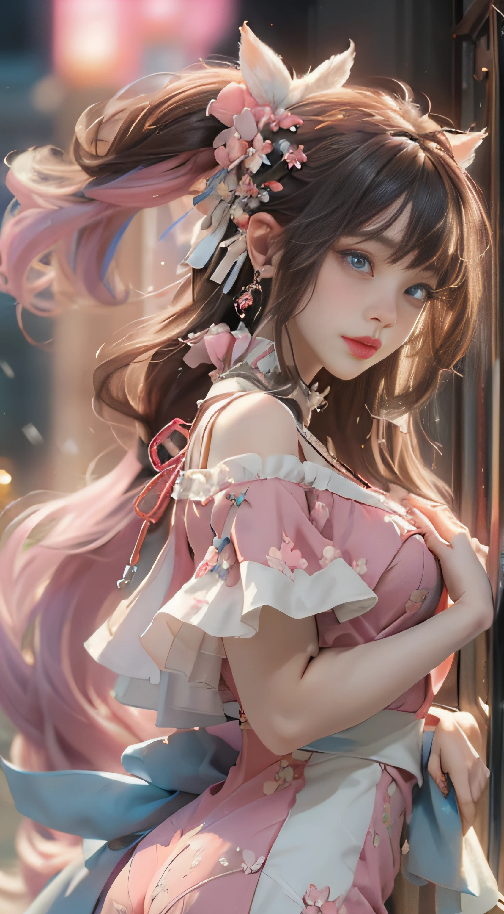 ((best qualtiy)), ((tmasterpiece)), (detail:1.4), Beautiful cyberpunk female images,hdr(HighDynamicRange),Ray traching,NVIDIA RTX,Hyper-Resolution,illusory 5,sub surface scattering,PBR textures,post-proces,Anisotropy Filtering,depth of fields,maximum definition and sharpness,Many-Layer Textures,Albedo e mapas Speculares,Surface coloring,Mitsu-Accurate simulation of material interactions,perfectly proportioned,rendering by octane,Two-colored light,largeaperture,Low ISO,White balance,Rule three points、8K raw data、Beautiful bright blue pupils,off-the-shoulder clothes,Fine pupils,Delicate face and eyes,long eyelasher,Blushlush,Delicate and fluffy hair,pink lip,Pure,Cute face,Sweet girl,Artistic sense,Casual wear,Advancedsense,butterflys,Cherry blossom petal,Beautiful hair accessories,Long hair and waist,Hair fluttering in the wind,Snow-white fox ears,curlies,Snow-white fluffy tail,Positive light,The light from the back window is backlighted