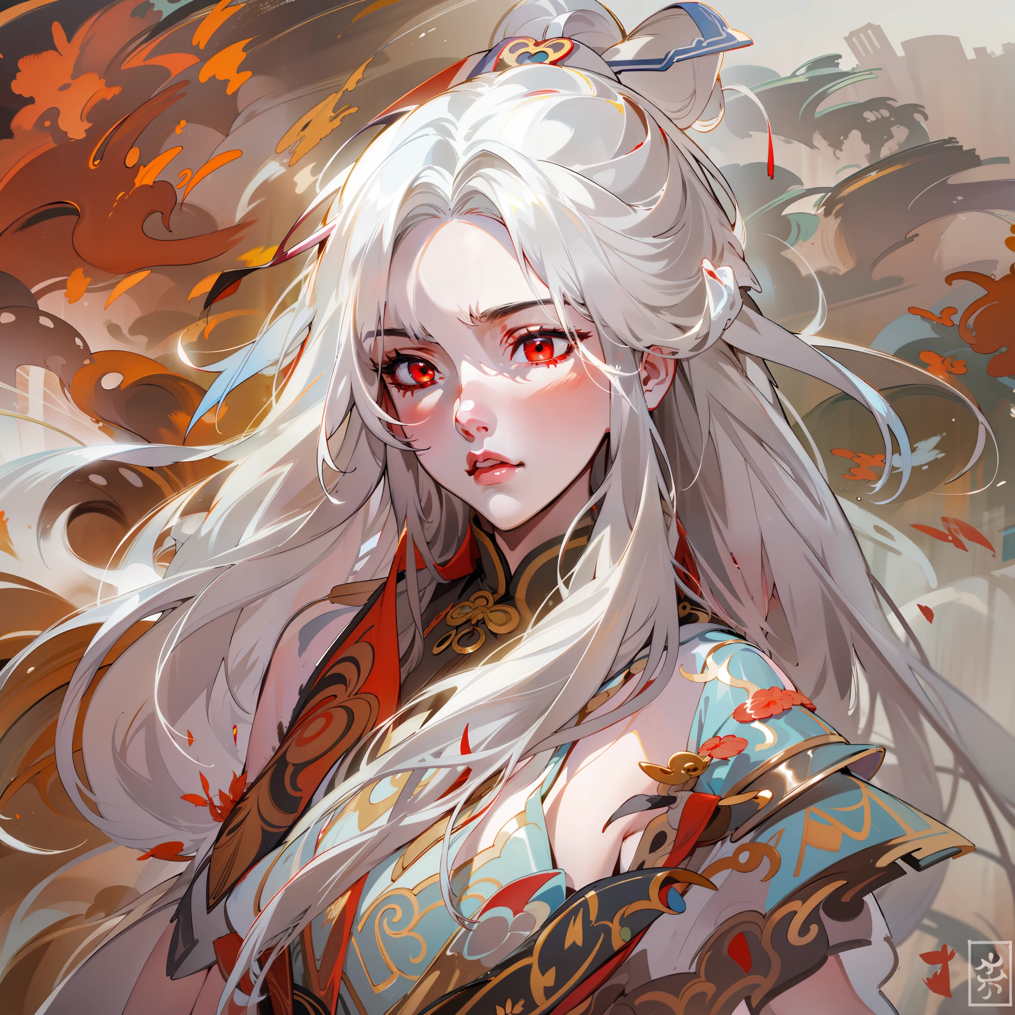 jingliuV4,Unbeatable masterpiece, extraordinary, Incredible, Exquisite, Perfect artwork, perfect women figure, Perfect anatomy, Unique, red color eyes,long white hair,arm behind back,China-style,small town,Mouth closed