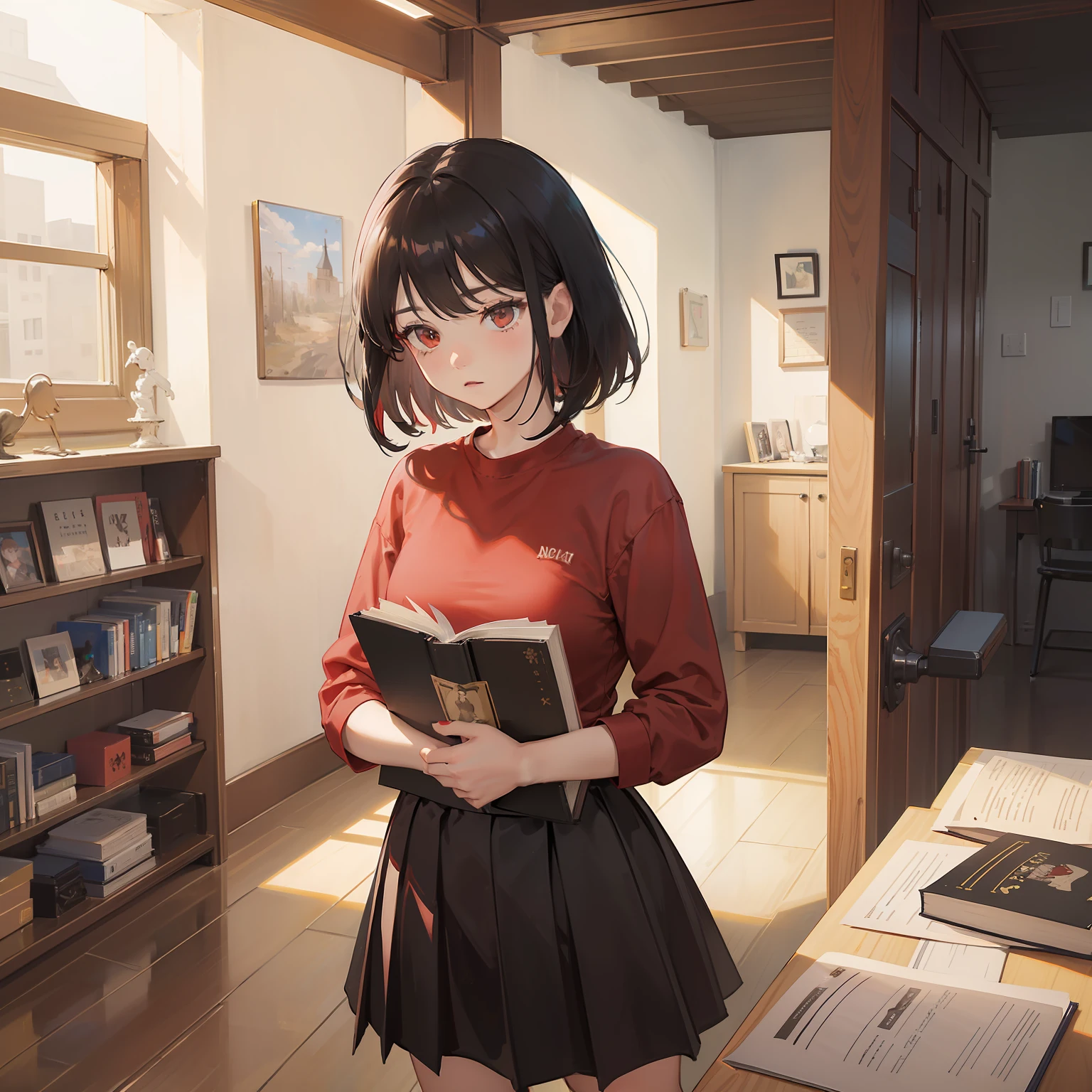 (((Neutral Girl)))、masterpiece、hightquality、vivd colour、Long Black Hair、Bob Hair、(((Red Shirt)))、(((a black skirt)))、Point the book over here、Chibi character is written in the book