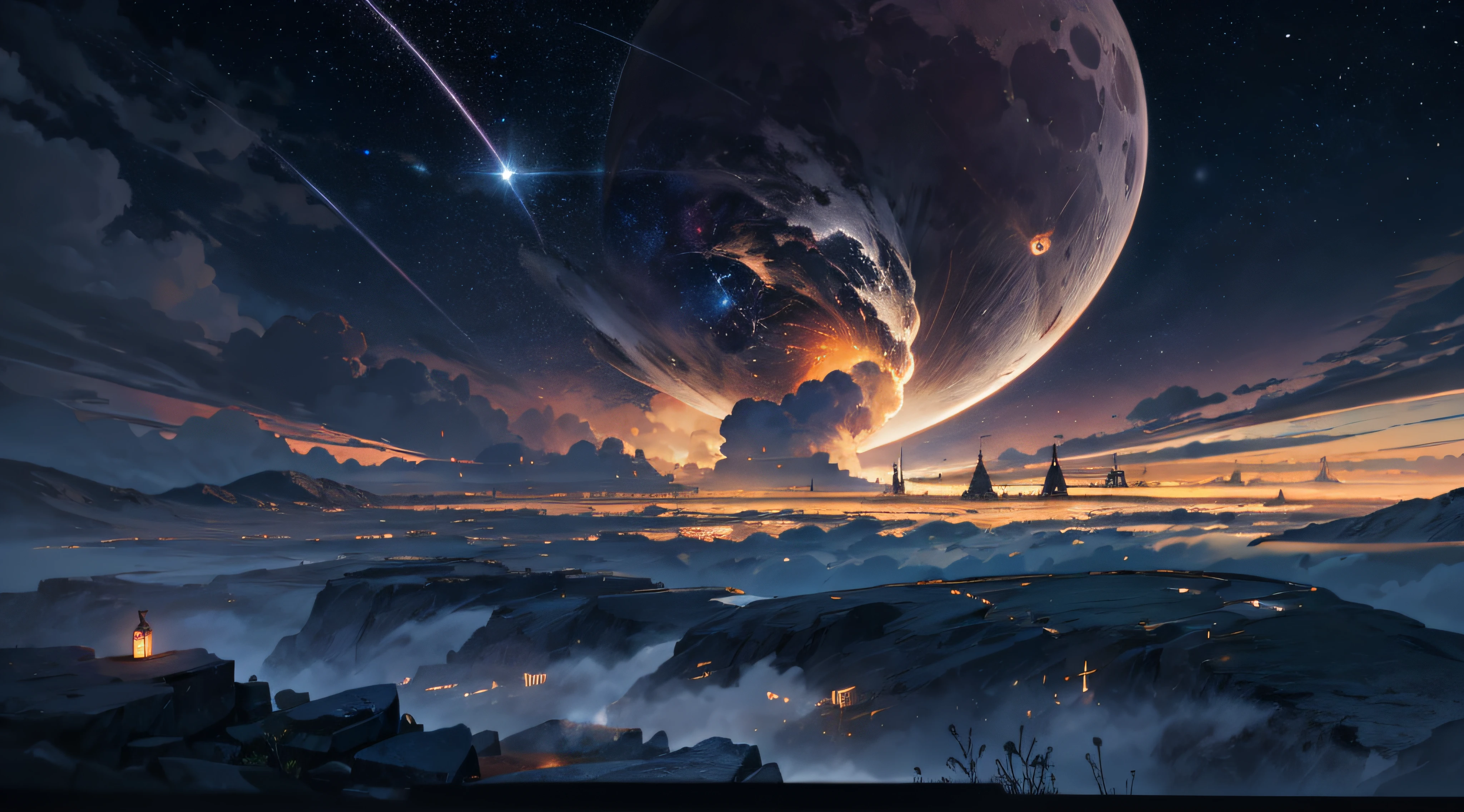 Expansive landscape photograph，（moon full：1.2），（meteors：0.9），（Starcloud：1.3），（Warm light source：1.2），（glowworm：1.2），lamp lights，Lots of purple and orange，Complicated details，Volumetriclighting，Realism BREAK（tmasterpiece：1.2），（best qualtiy），8K，Ultra-detailed，（dynamic compositions：1.4），The is very detailed，Colorful details，（Irridescent color：1.2），（luminouslighting，Atmospheric lighting），dream magical，magical，（独奏：1.2），（（best qualtiy））， （（tmasterpiece））， （the detail：1.4），depth of fields，maximum definition and sharpness，perfectly proportions，Fluttering clouds，Wallpapers
