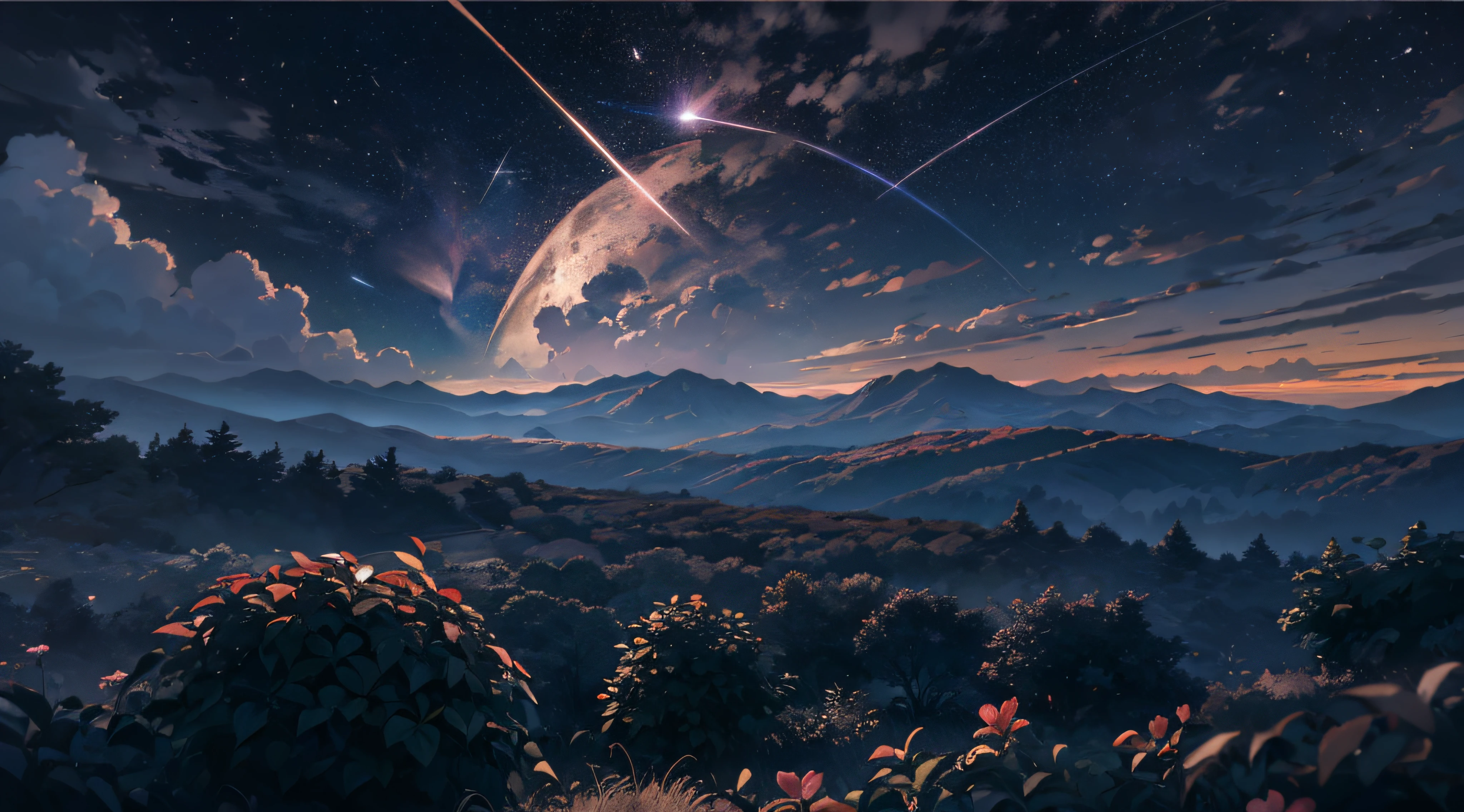 Expansive landscape photograph,(moon full:1.2),(meteors:0.9),(Starcloud:1.3),(Warm light source:1.2),(glowworm:1.2),lamp lights,Lots of purple and orange,Complicated details,Volumetriclighting,Realism BREAK(tmasterpiece:1.2),(best qualtiy),8K,Ultra-detailed,(dynamic compositions:1.4),The is very detailed,Colorful details,(Irridescent color:1.2),(luminouslighting,Atmospheric lighting),dream magical,magical,(独奏:1.2),((best qualtiy)), ((tmasterpiece)), (the detail:1.4),depth of fields,maximum definition and sharpness,perfectly proportions,Fluttering clouds,Wallpapers
