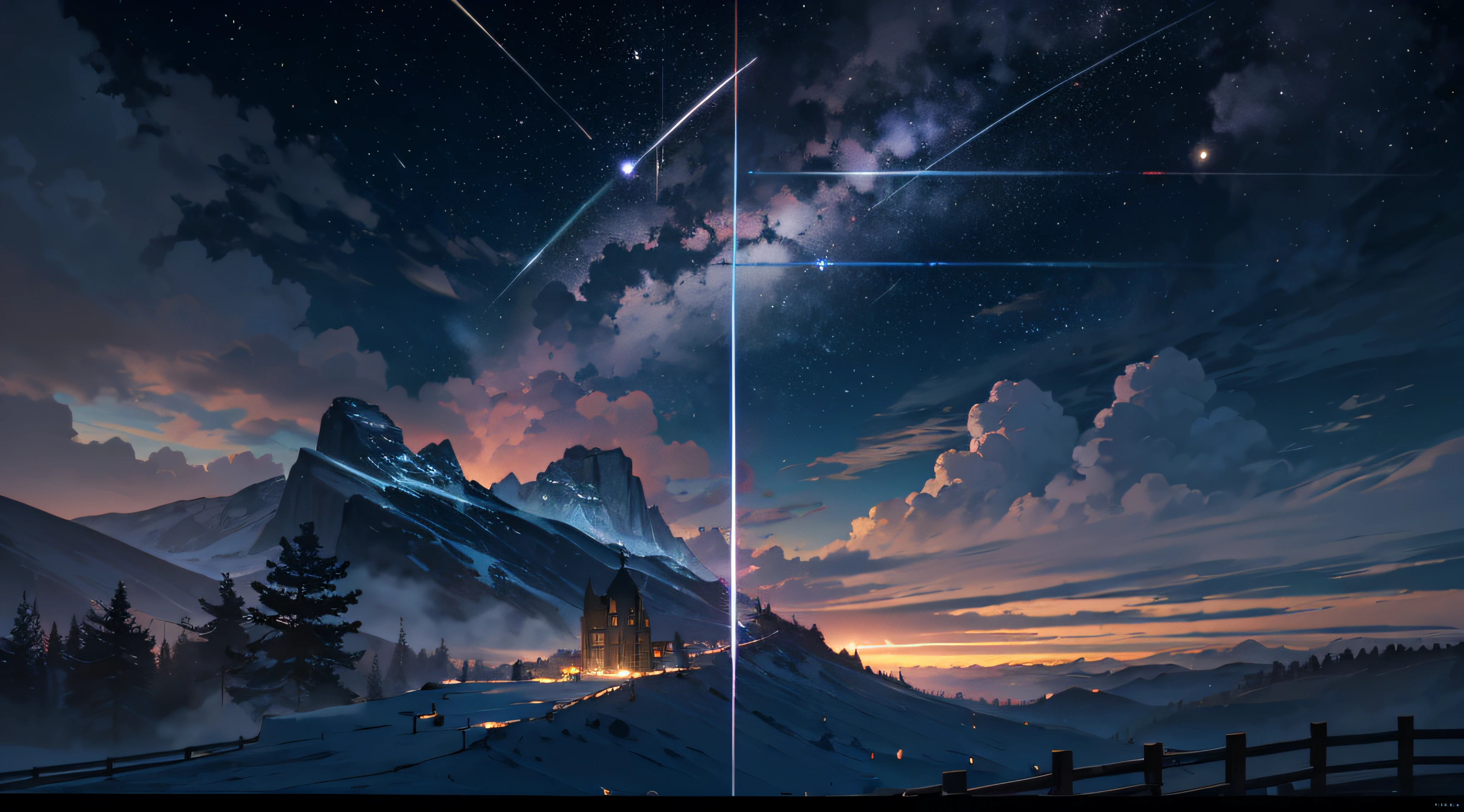 Expansive landscape photograph,(moon full:1.2),(meteors:0.9),(Starcloud:1.3),(Warm light source:1.2),(glowworm:1.2),lamp lights,Lots of purple and orange,Complicated details,Volumetriclighting,Realism BREAK(tmasterpiece:1.2),(best qualtiy),8K,Ultra-detailed,(dynamic compositions:1.4),The is very detailed,Colorful details,(Irridescent color:1.2),(luminouslighting,Atmospheric lighting),dream magical,magical,(独奏:1.2),((best qualtiy)), ((tmasterpiece)), (the detail:1.4),depth of fields,maximum definition and sharpness,perfectly proportions,Fluttering clouds,Wallpapers