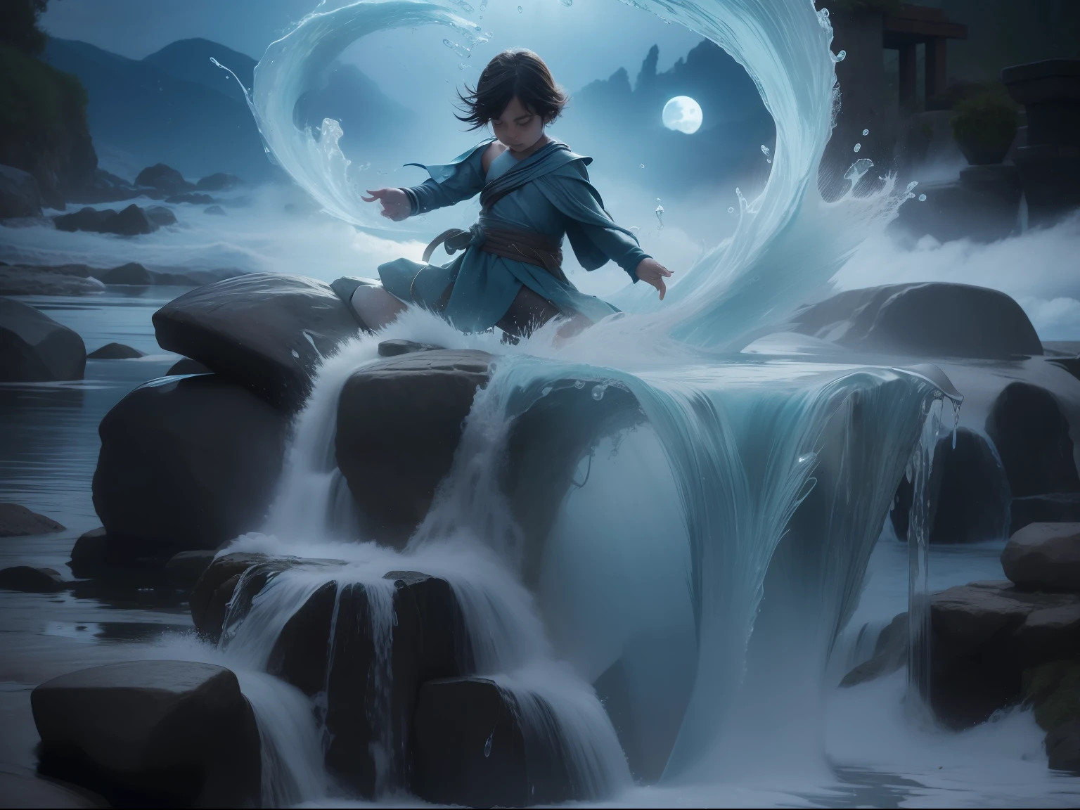 The child Triton sitting on a rock is experimenting with his hability to unleash the power of water. His expression is cute and candid, his own hability surprises him. From his rised hand, whips of water form an arch, where the full moonlight is reflected. Night. Photography.